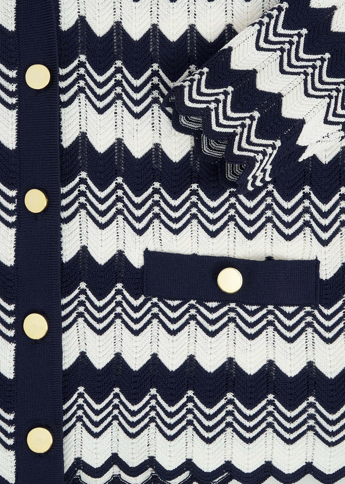 Navy Osterley Chevron Stripe V Neck Knitted Cardigan, Navy Ivory, hi-res