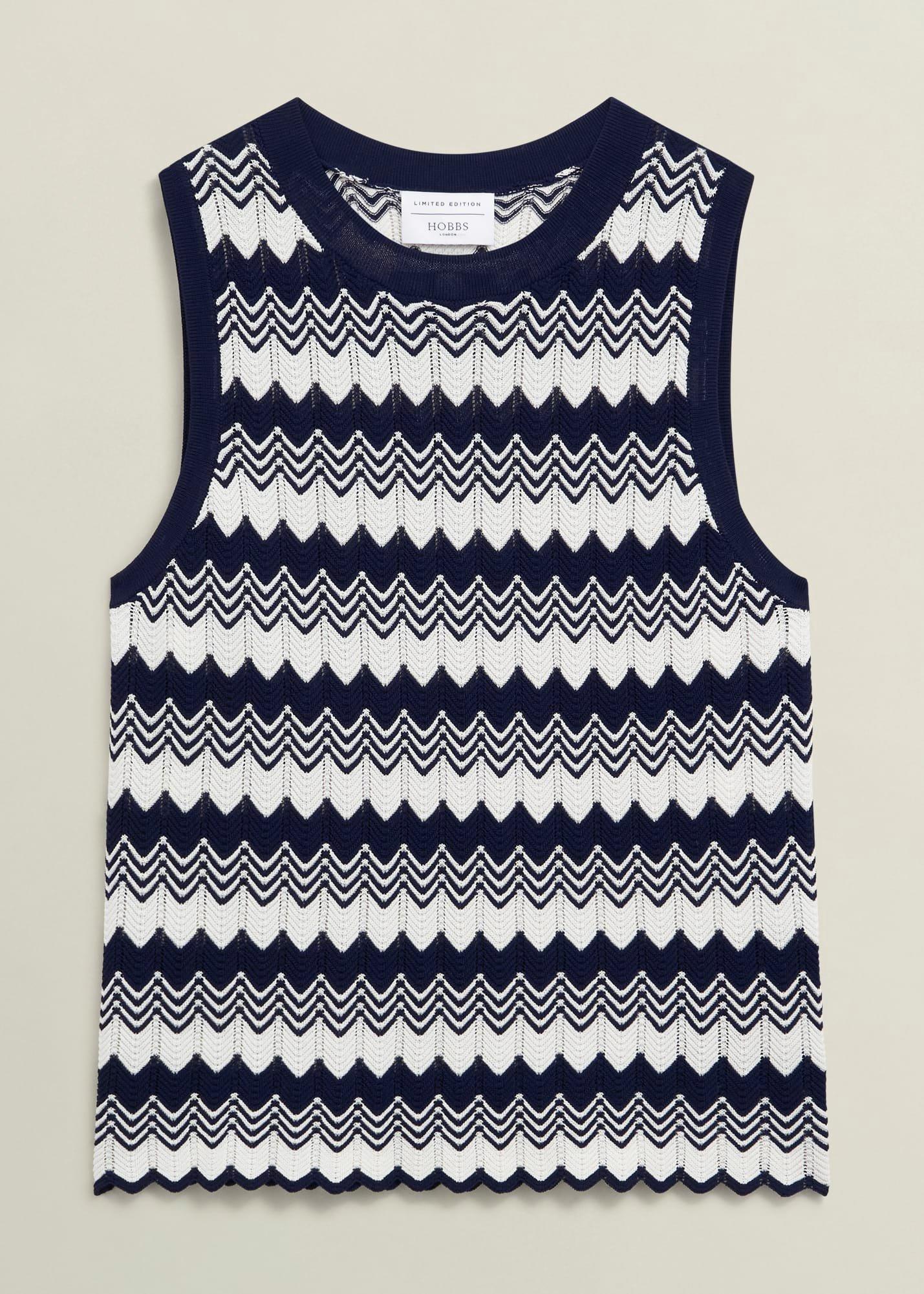Navy Osterley Chevron Striped Knitted Vest Top, Navy Ivory, hi-res