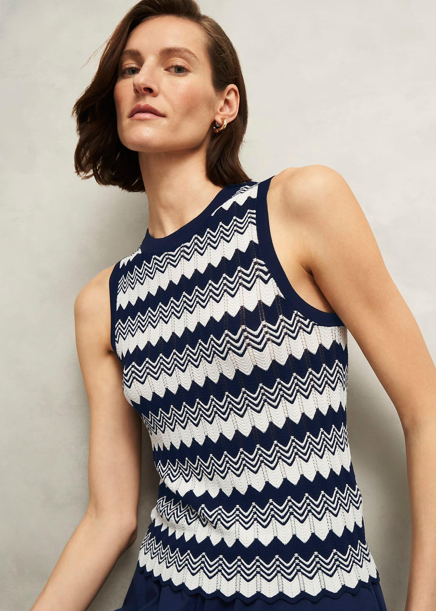 Navy Osterley Chevron Striped Knitted Vest Top, Navy Ivory, hi-res