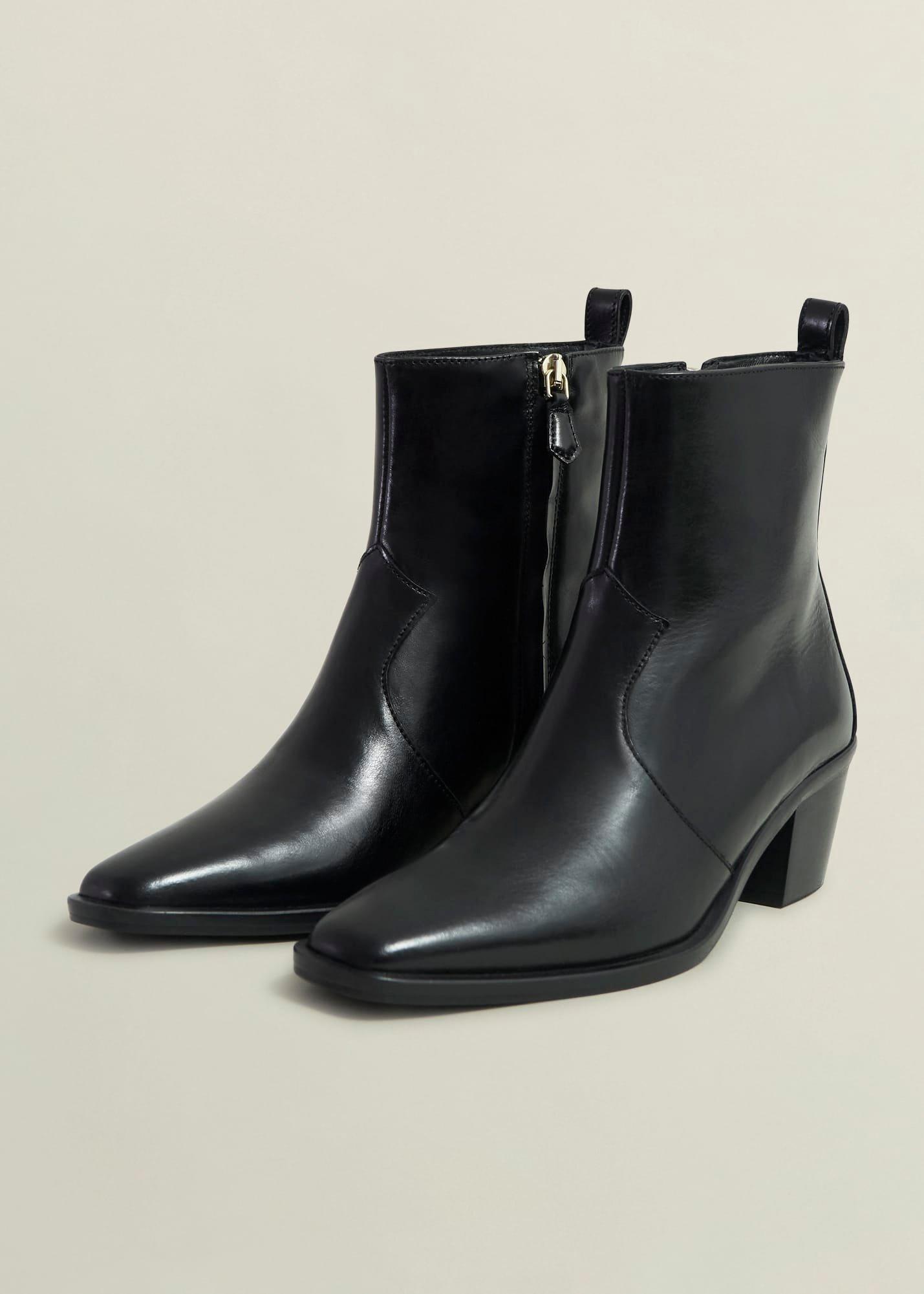 Frankie Leather Western Boots, Black, hi-res