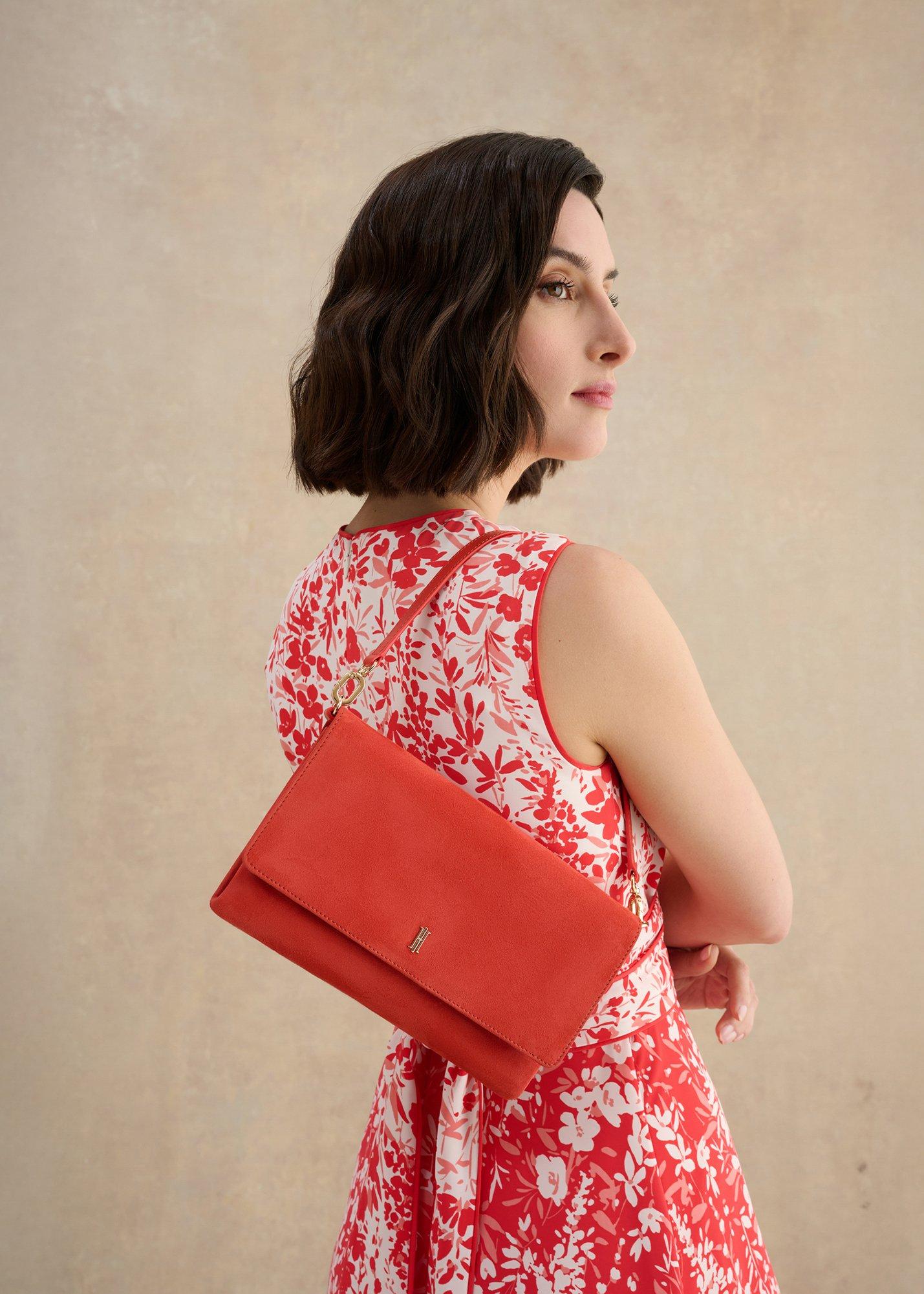 Ashley Suede Clutch, Calendula Red, hi-res