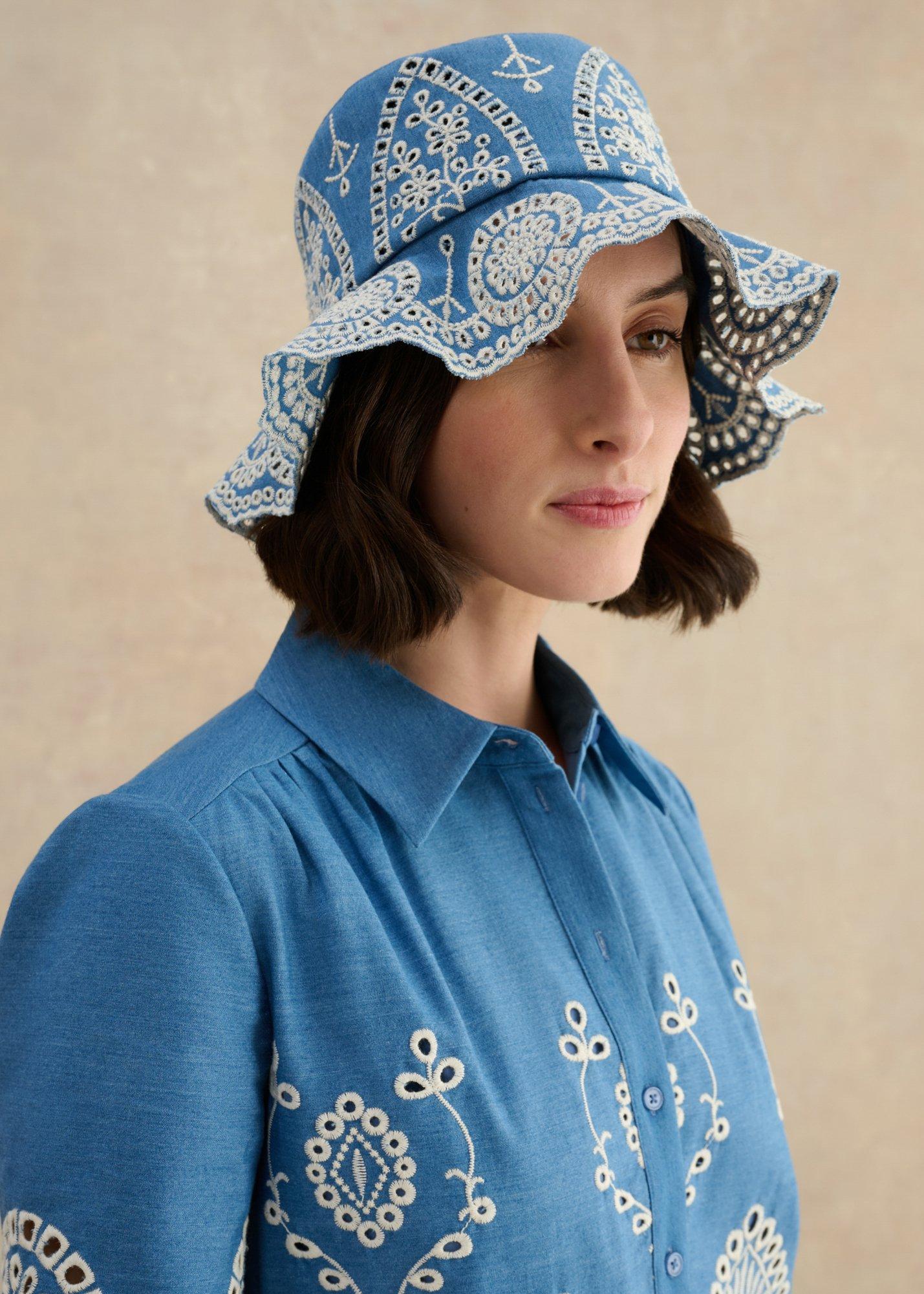 Flavia Embroidered Hat, Denim Blue, hi-res