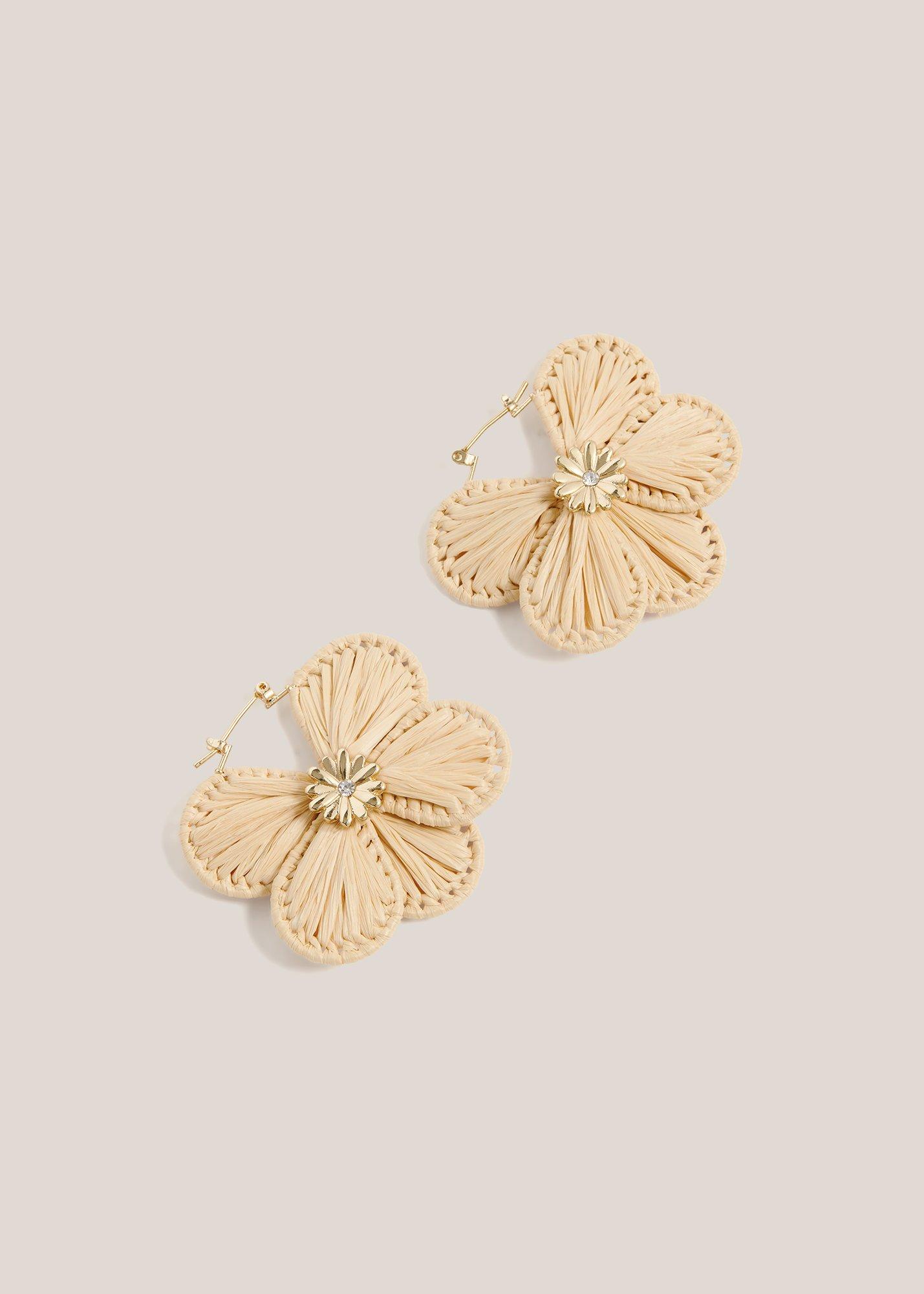 Allie Raffia Flower Earrings, Natural Gold, hi-res