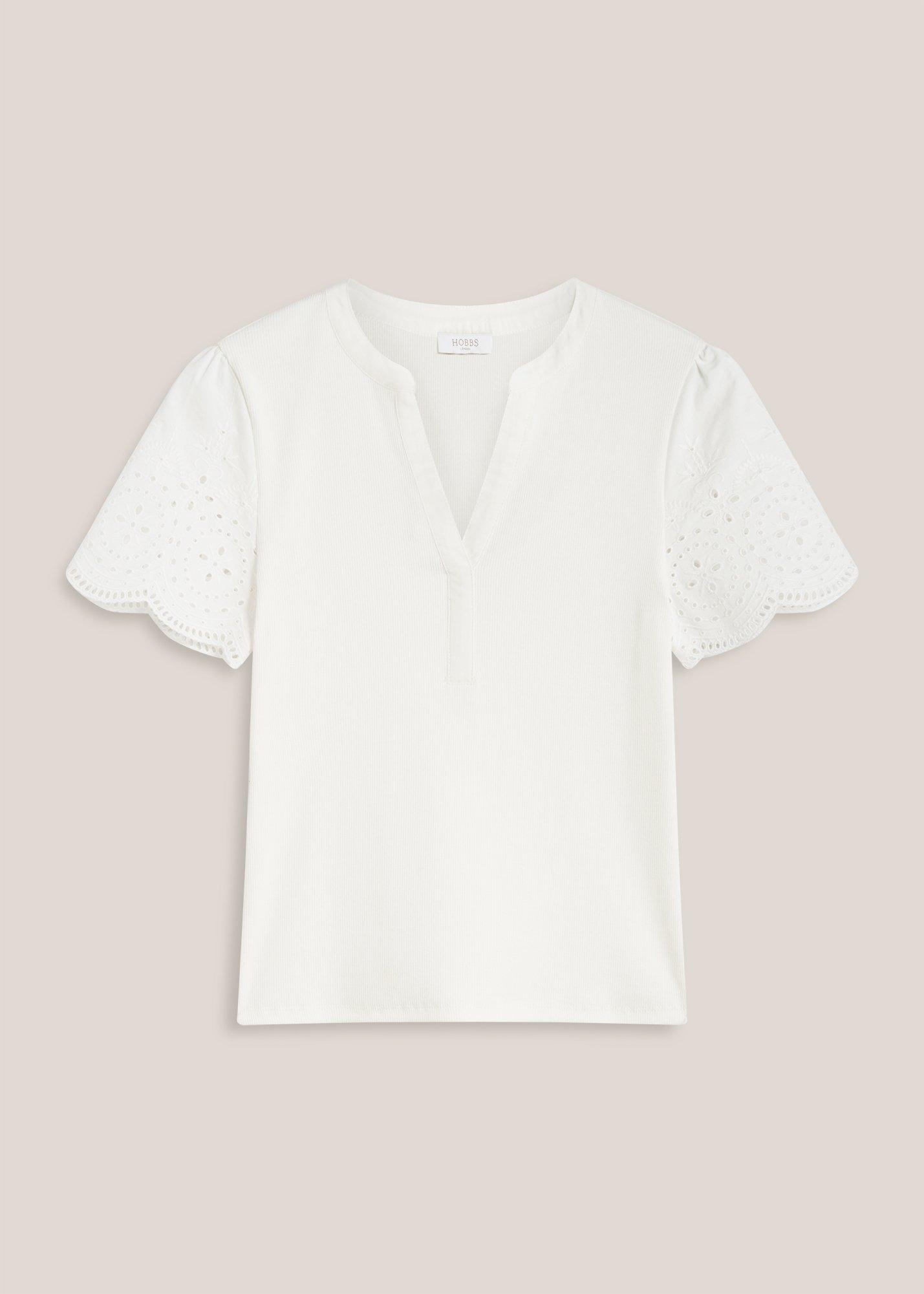Daphne Cotton Broderie Ribbed Top, White, hi-res