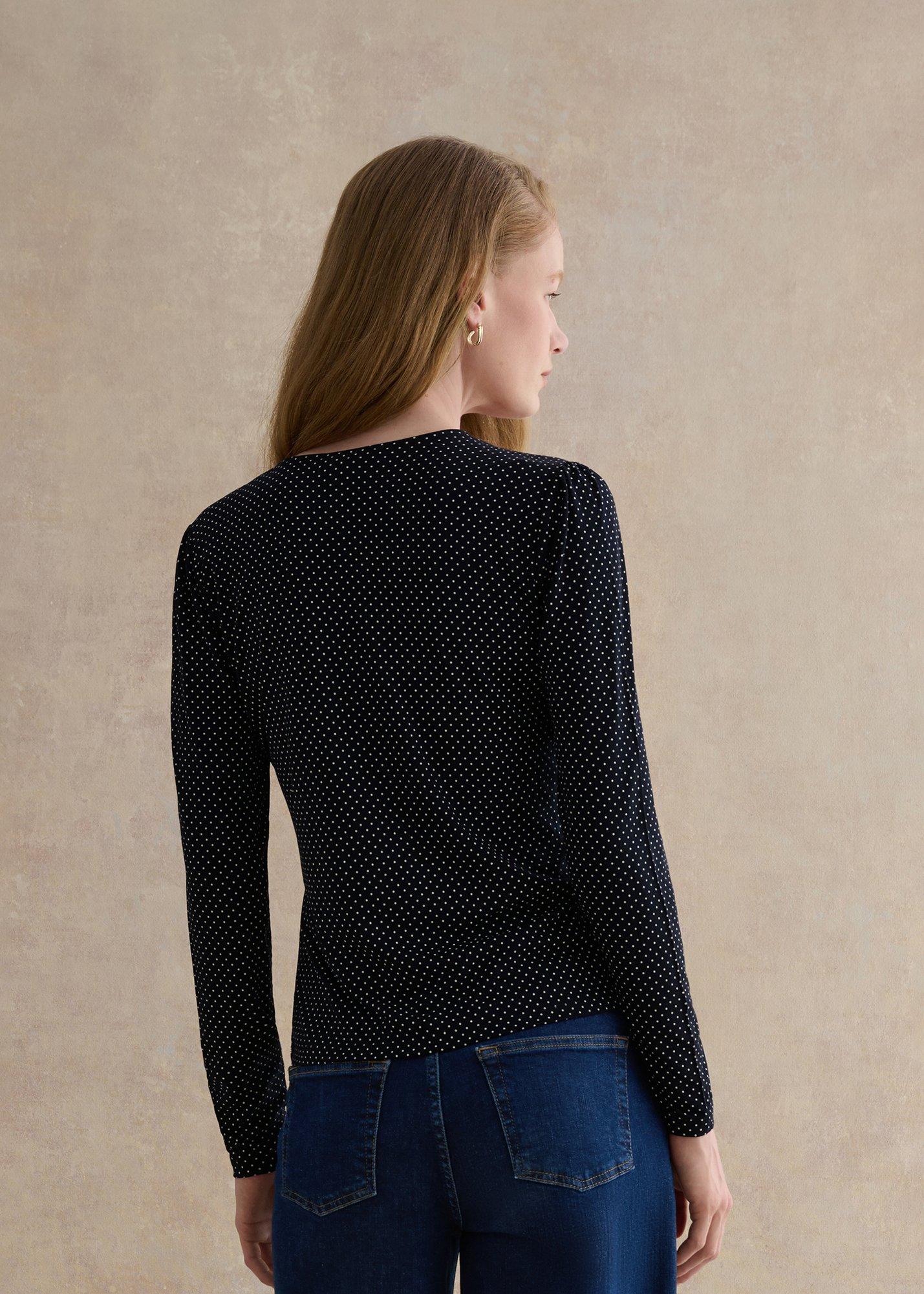 Hannah Printed Polka Dot V Neck Top, Navy Ivory, hi-res