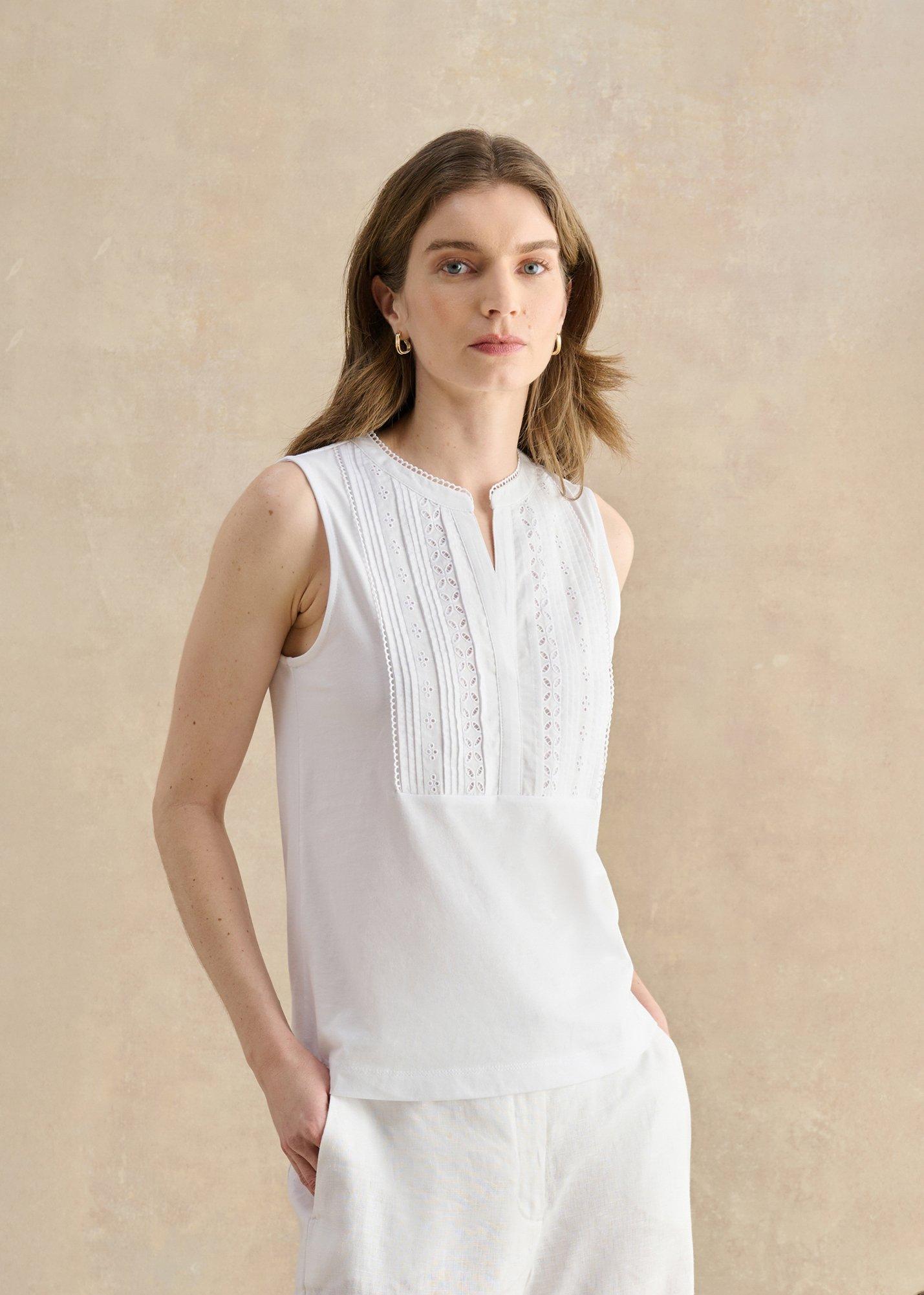 Millie Cotton Sleeveless Broderie Tank, White, hi-res