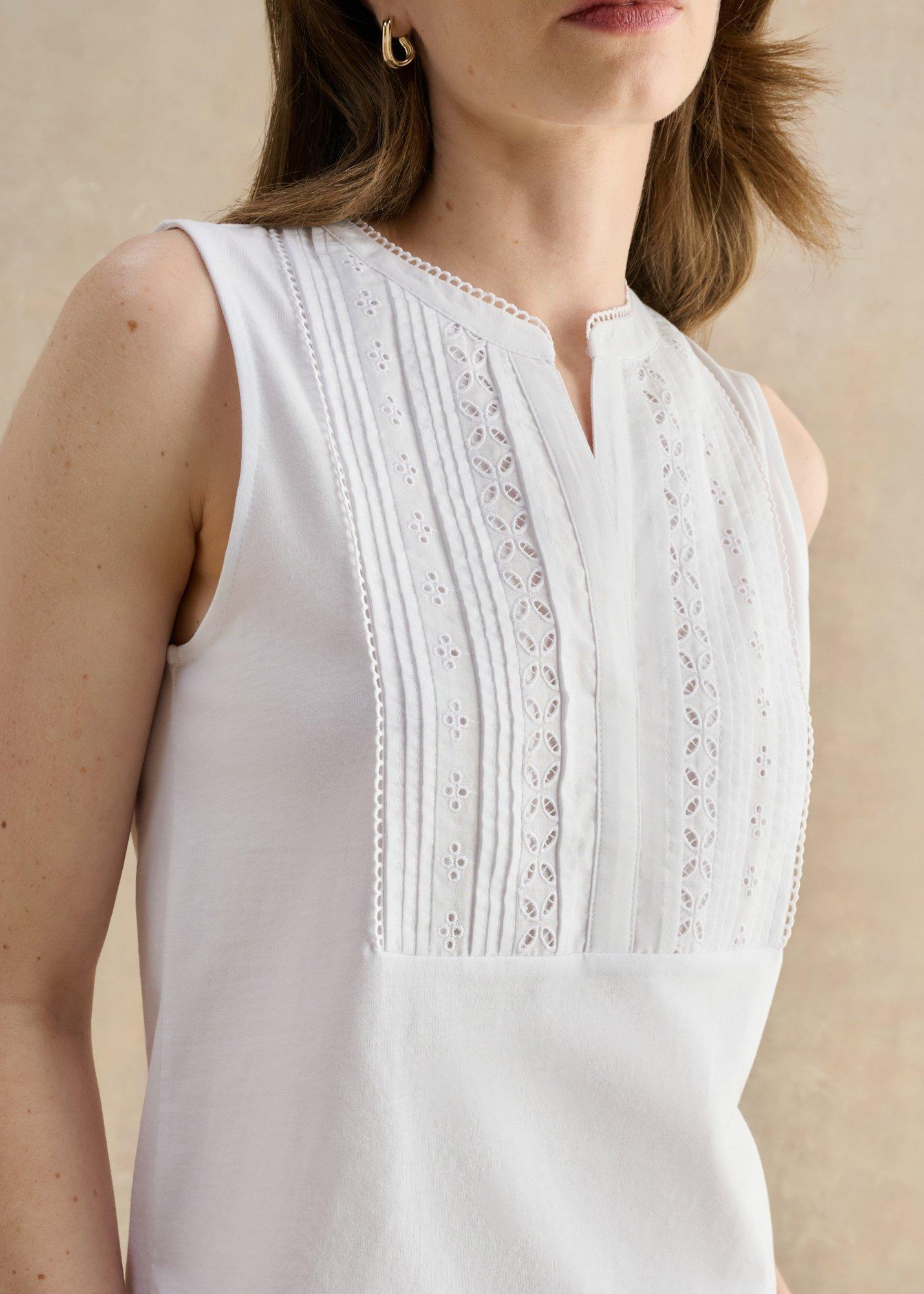 Millie Cotton Sleeveless Broderie Tank, White, hi-res