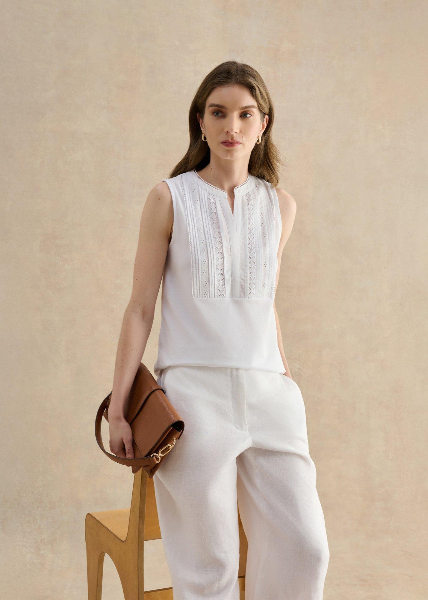 Millie Cotton Sleeveless Broderie Tank, White, hi-res