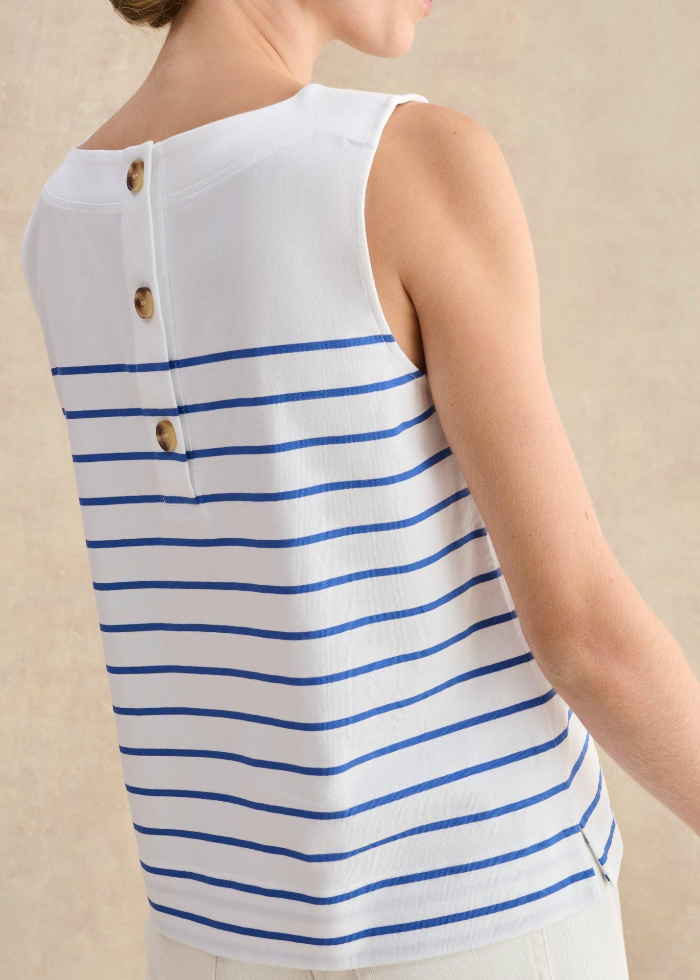 Fern Cotton Button Back Striped Top, White Blue, hi-res
