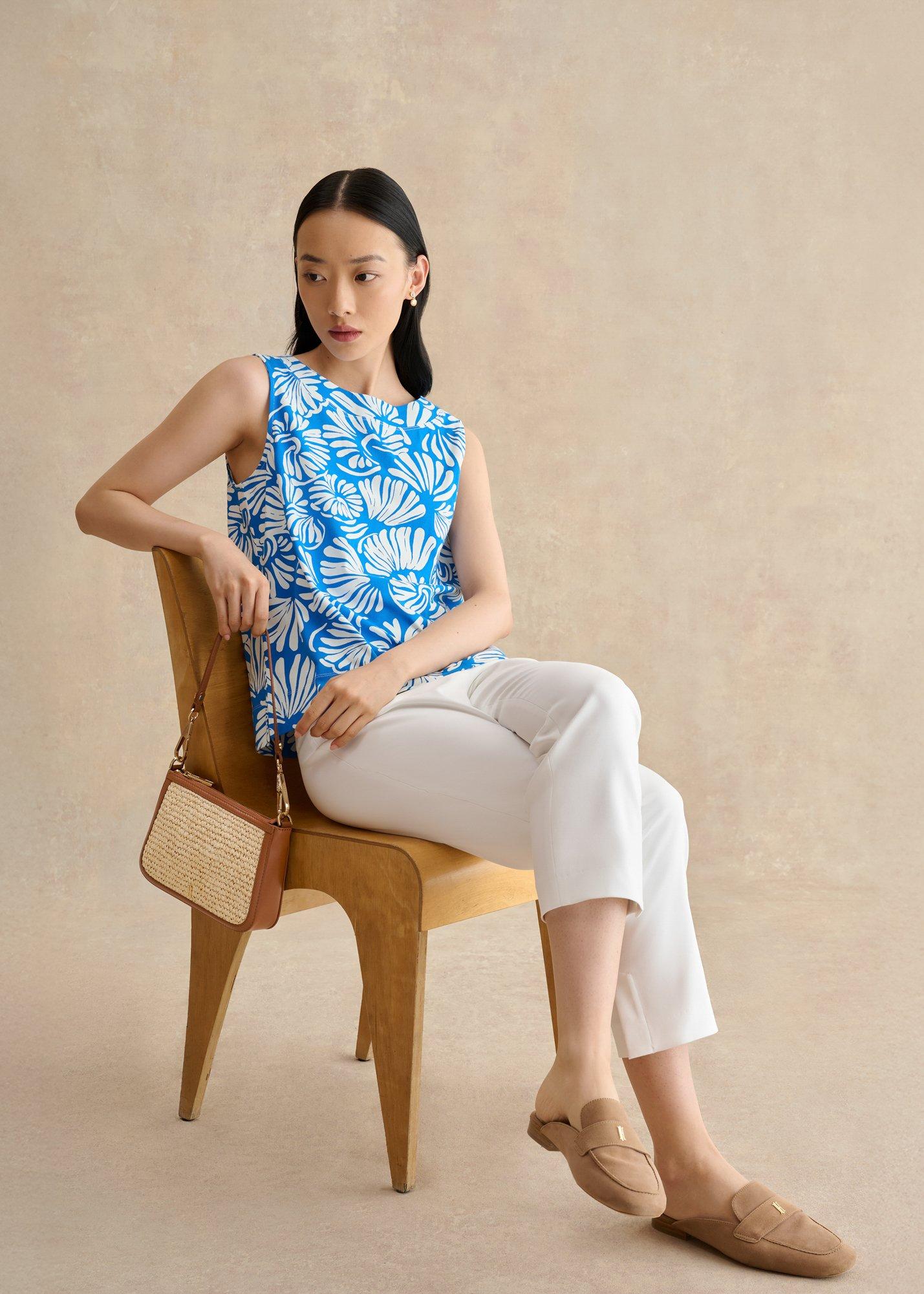 Fern Cotton Button Back Printed Top, Blue White, hi-res