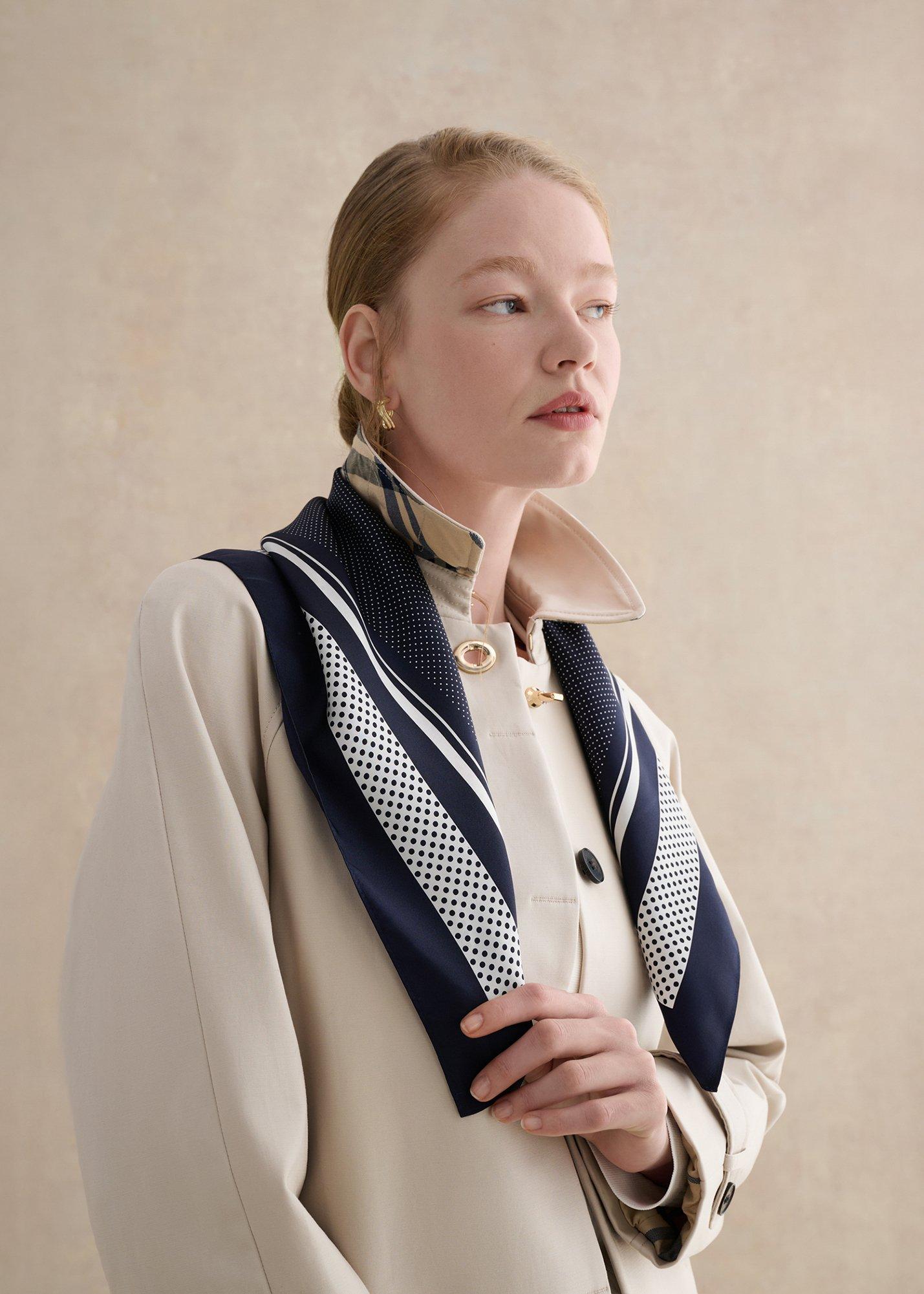 Milena Silk Scarf, Navy Ivory, hi-res