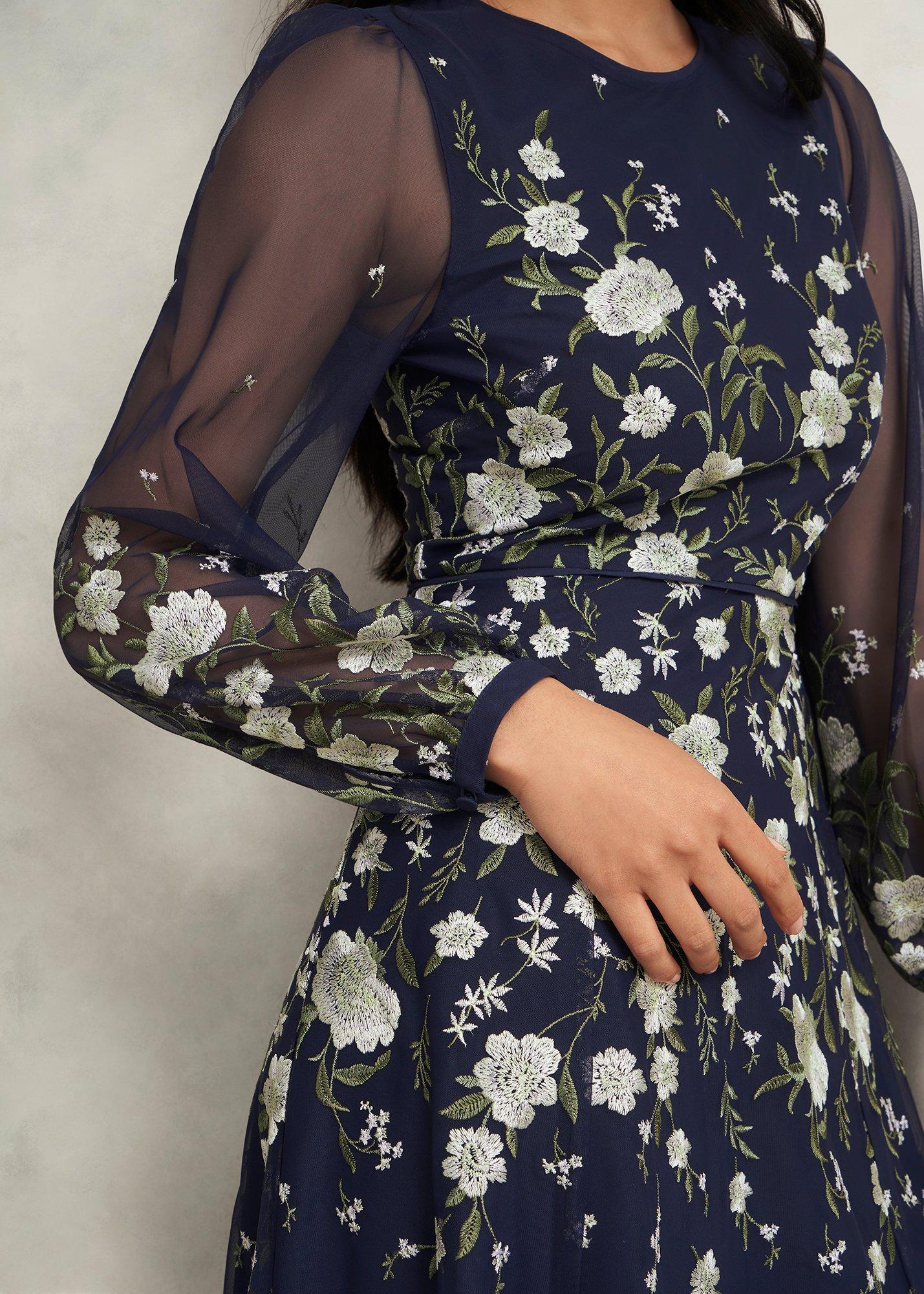 Lois Floral Embroidered Dress, Midnight Yellow, hi-res