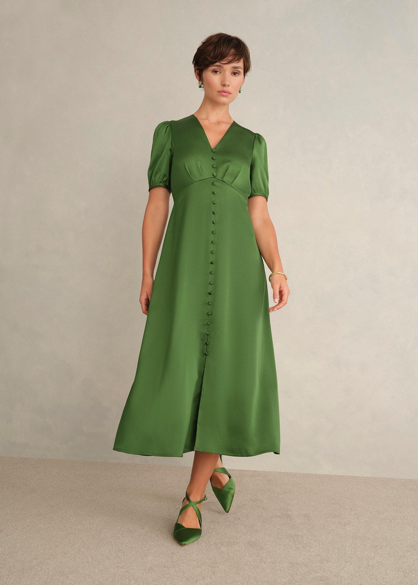 Isabelle Textured Satin Dress, Bay Leaf Green, hi-res