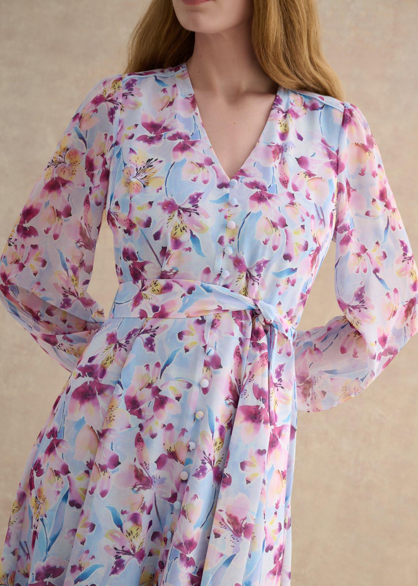 Thea Tie Belted Dress, Pale Blue Multi, hi-res