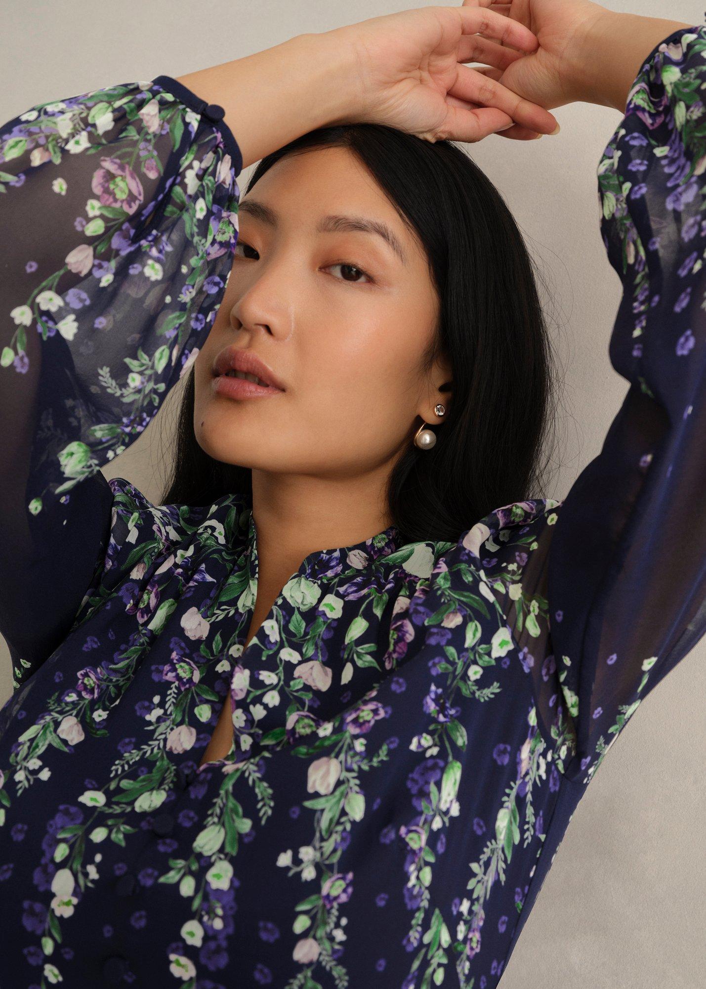 Petite Ros Floral Silk Dress, Midnight Multi, hi-res