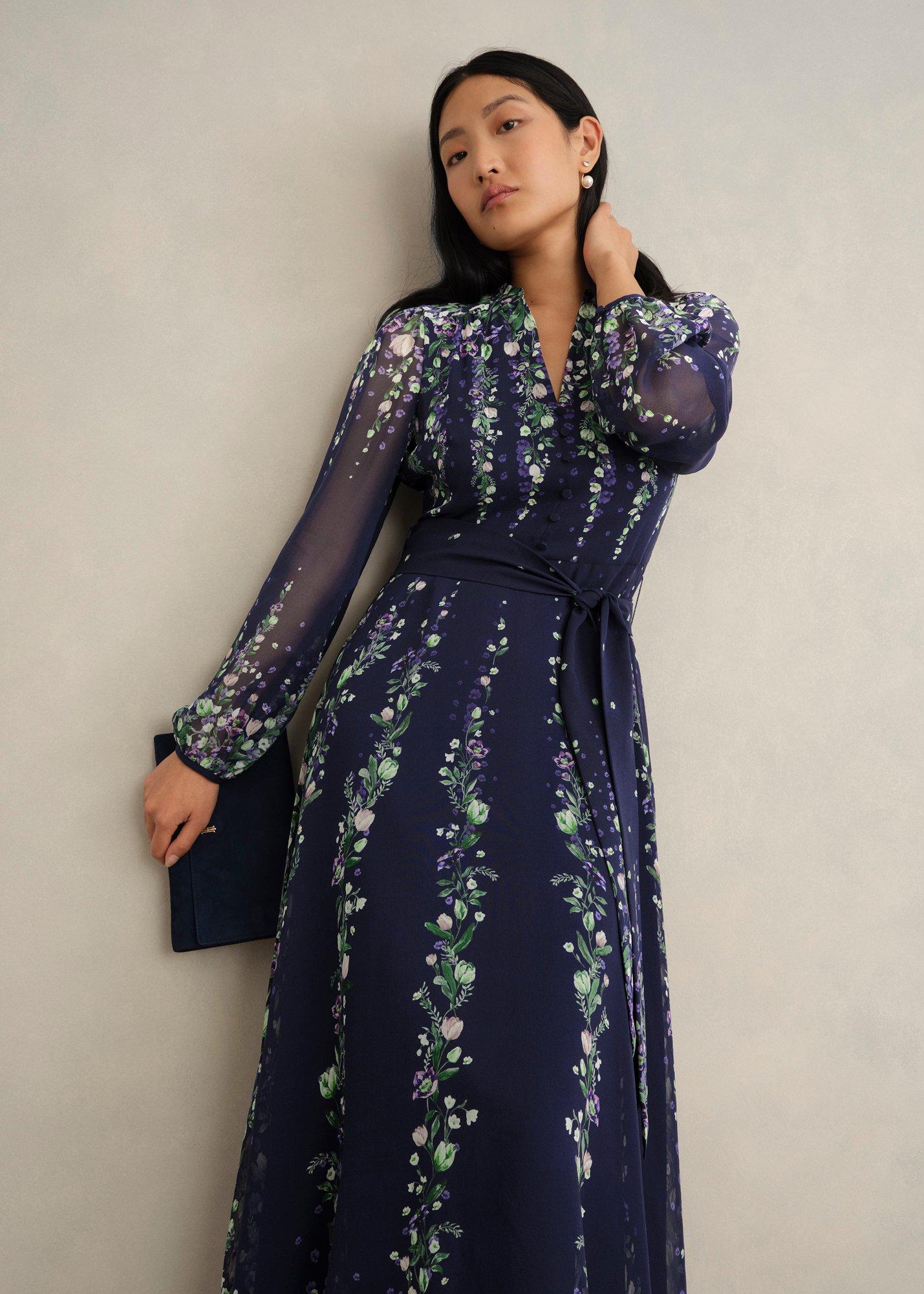 Petite Ros Floral Silk Dress, Midnight Multi, hi-res