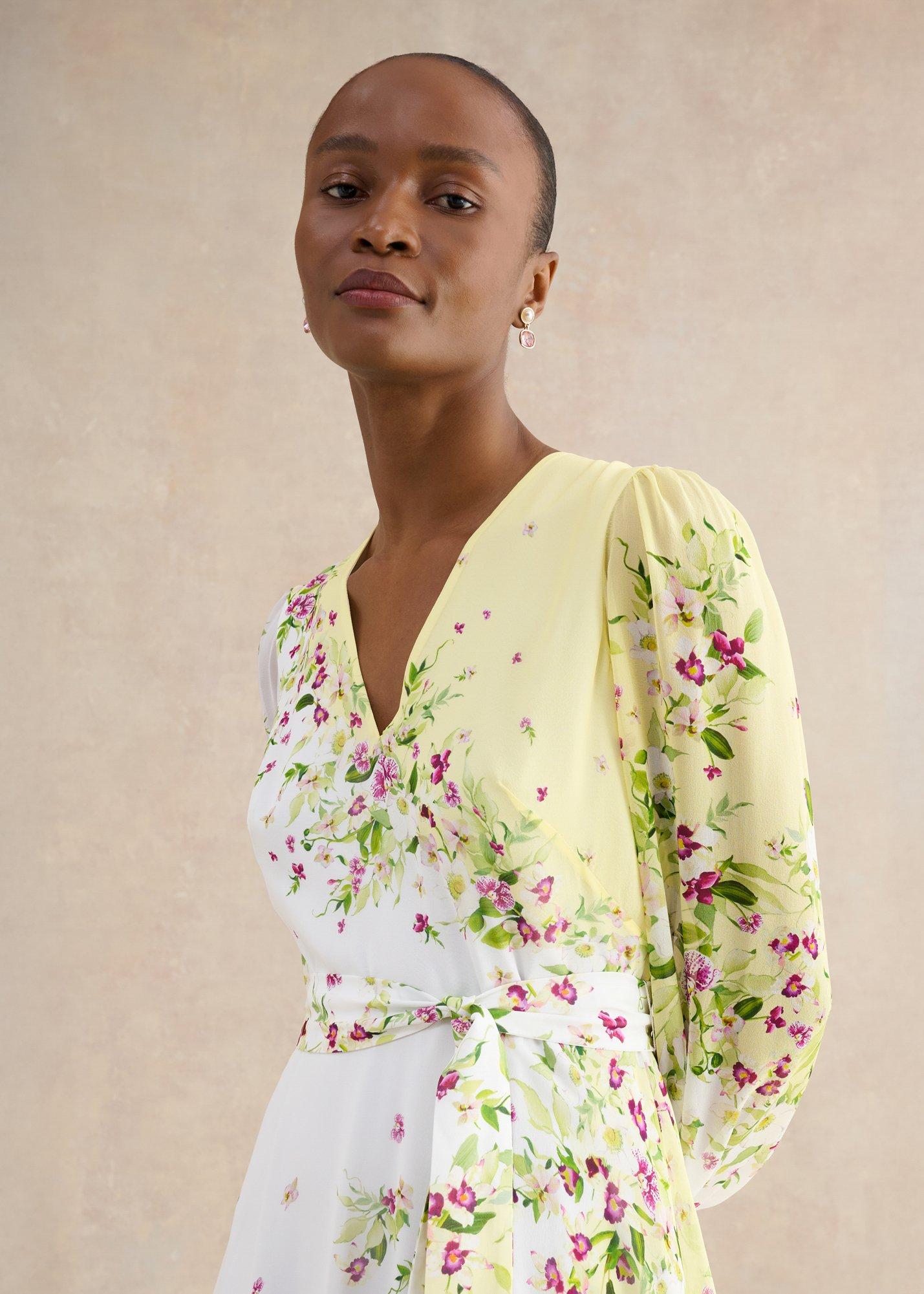 Petite Ariel Floral Silk Dress, Yellow Multi, hi-res