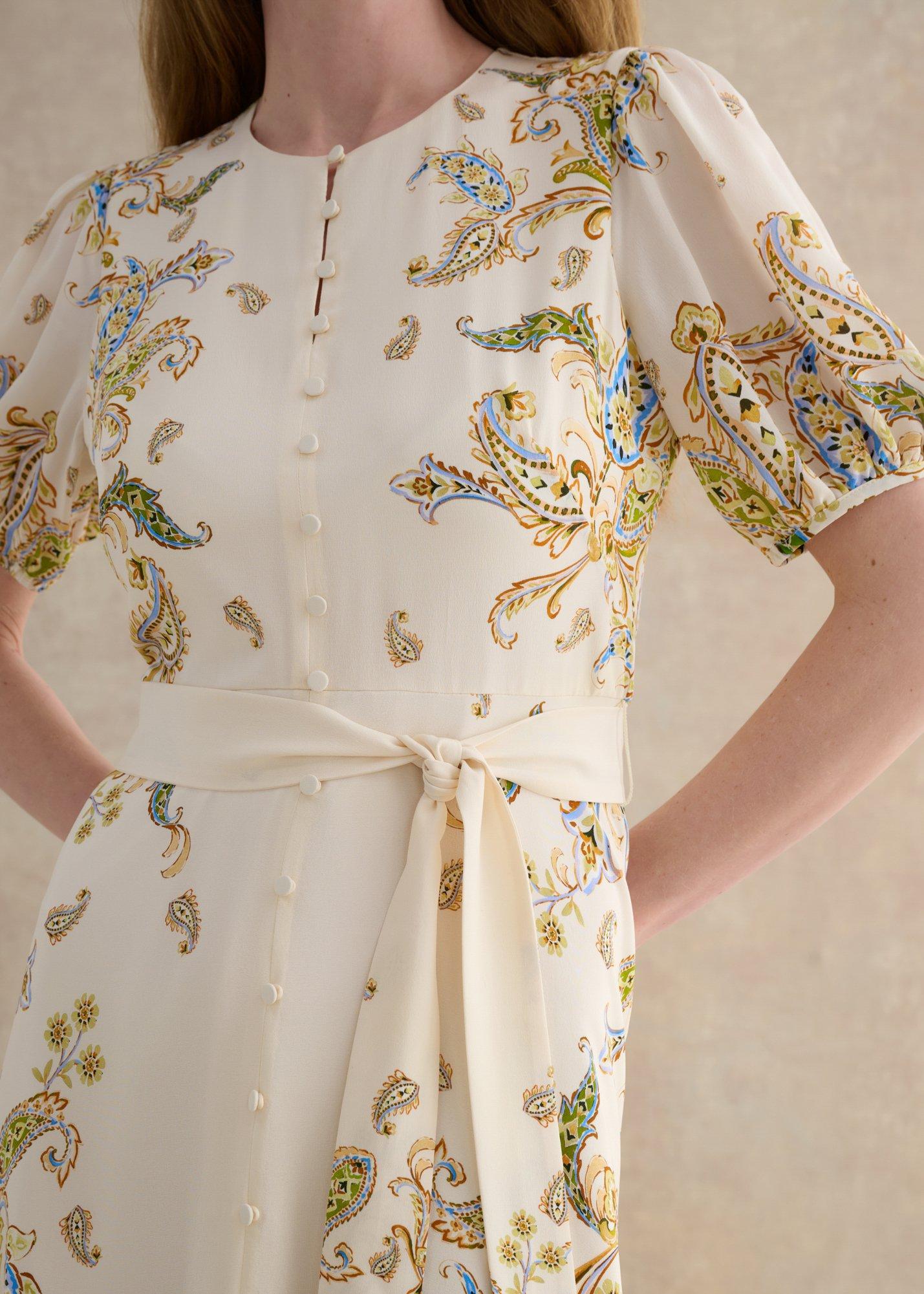 Petite Alma Paisley Silk Dress, Cream Multi, hi-res