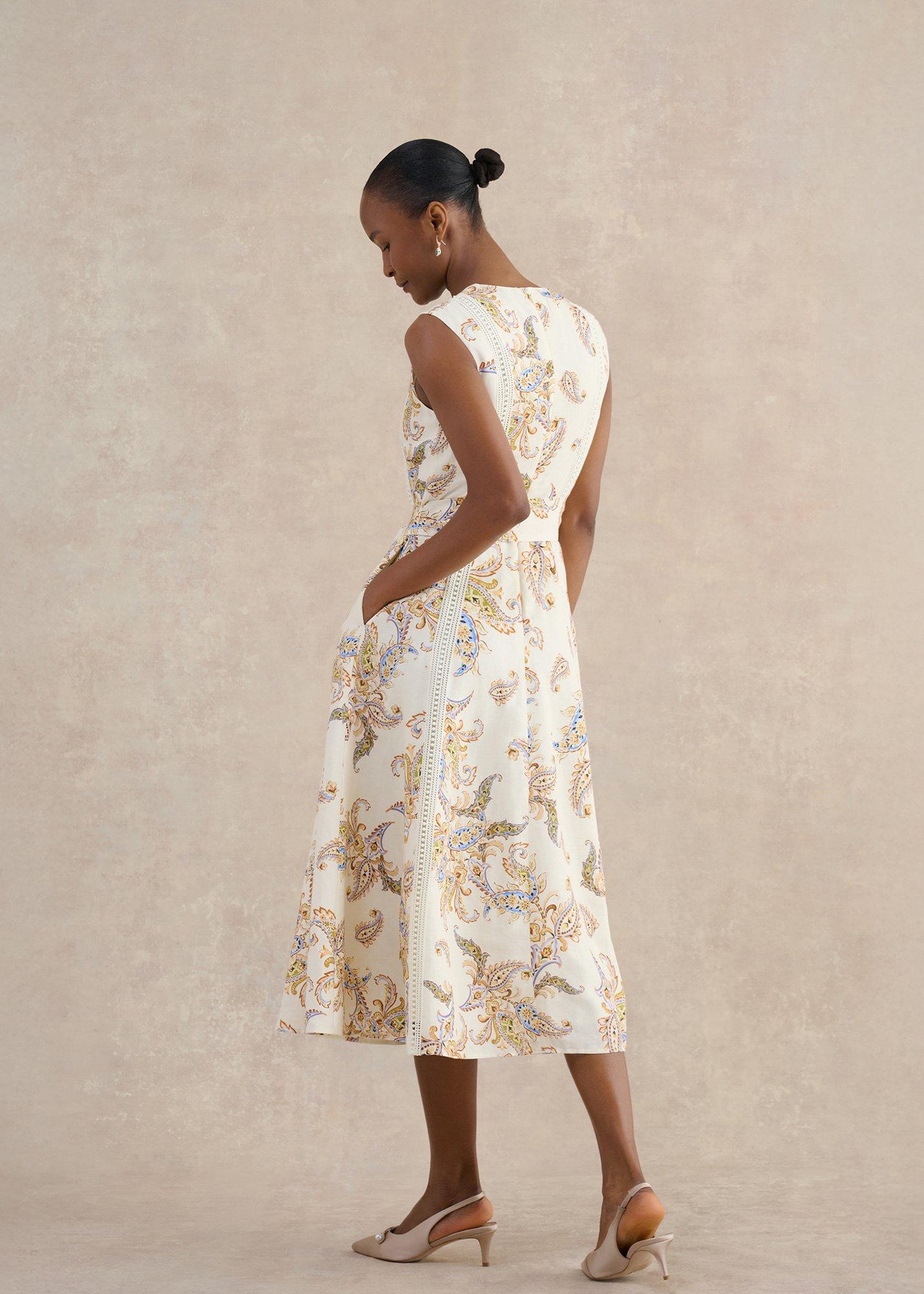 Uma Trimmed Linen Dress, Cream Multi, hi-res