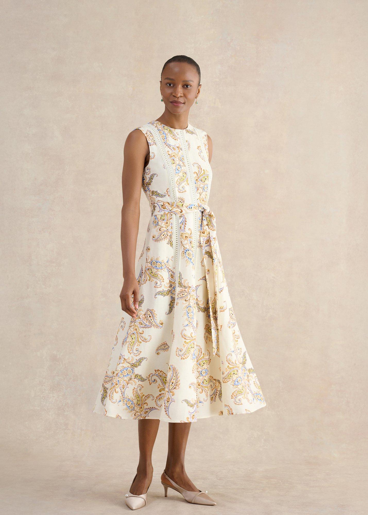 Petite Uma Trimmed Linen Dress, Cream Multi, hi-res