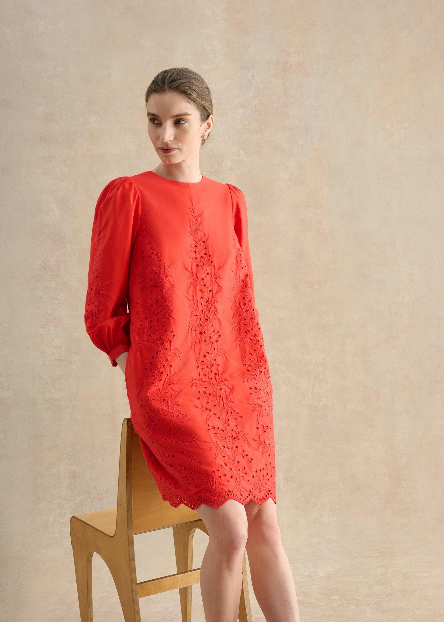 Malikah Broiderie Mini Dress, Calendula Red, hi-res