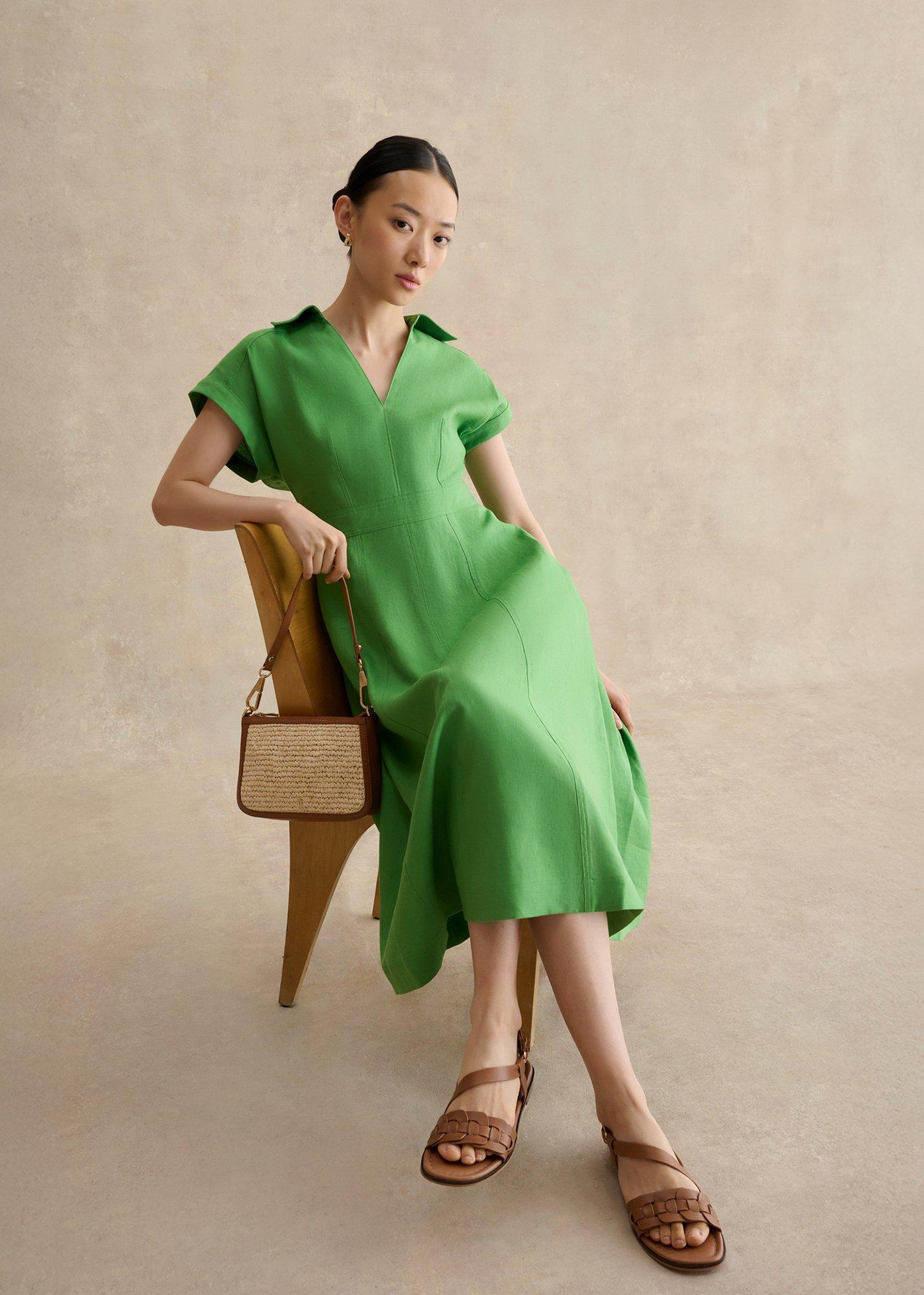 Shona Linen Dress, Green, hi-res