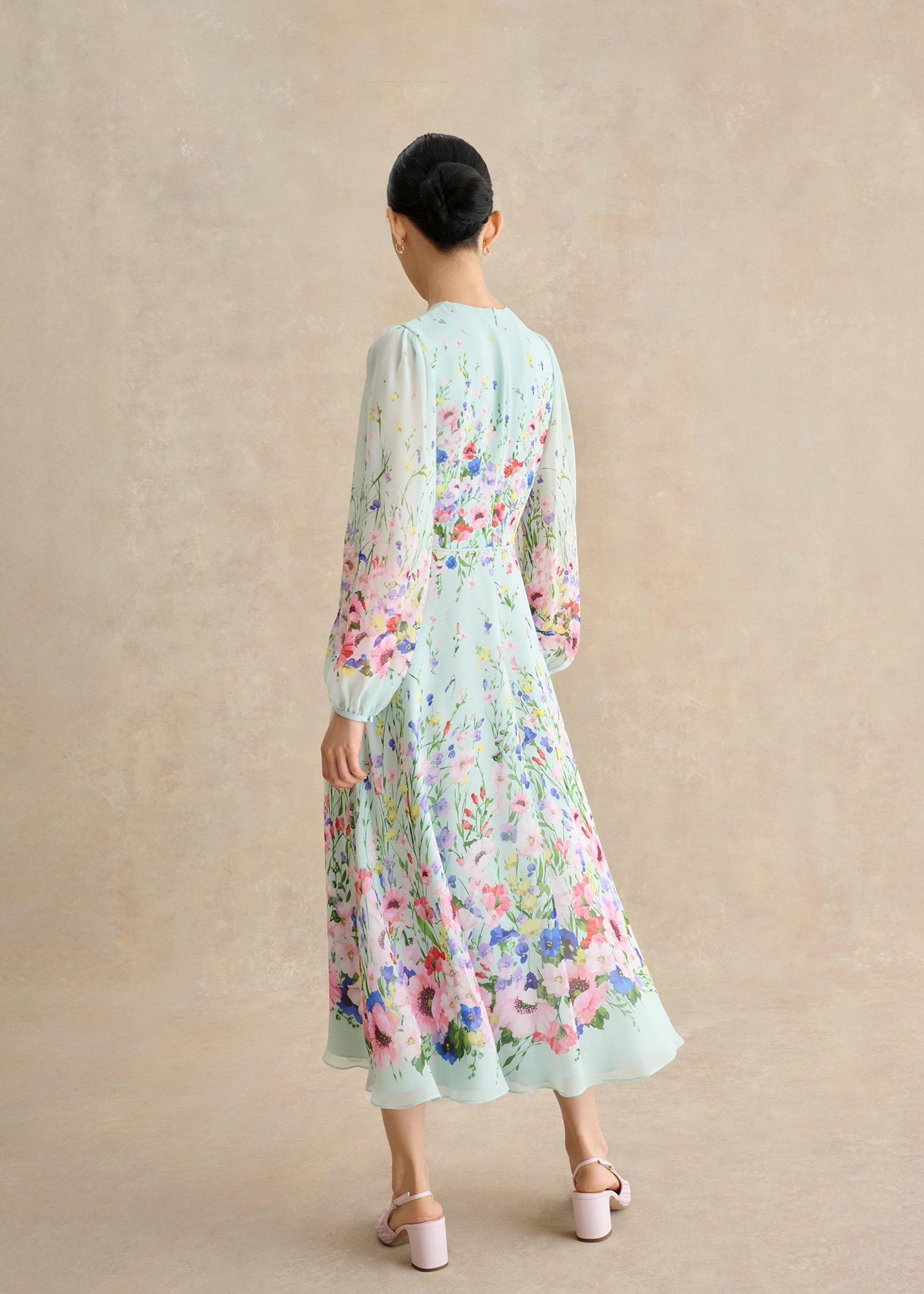 Monica Silk Floral Dress, Green Multi, hi-res