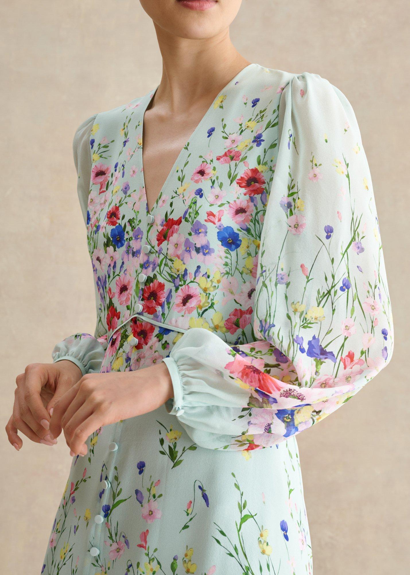 Petite Monica Silk Floral Dress, Green Multi, hi-res