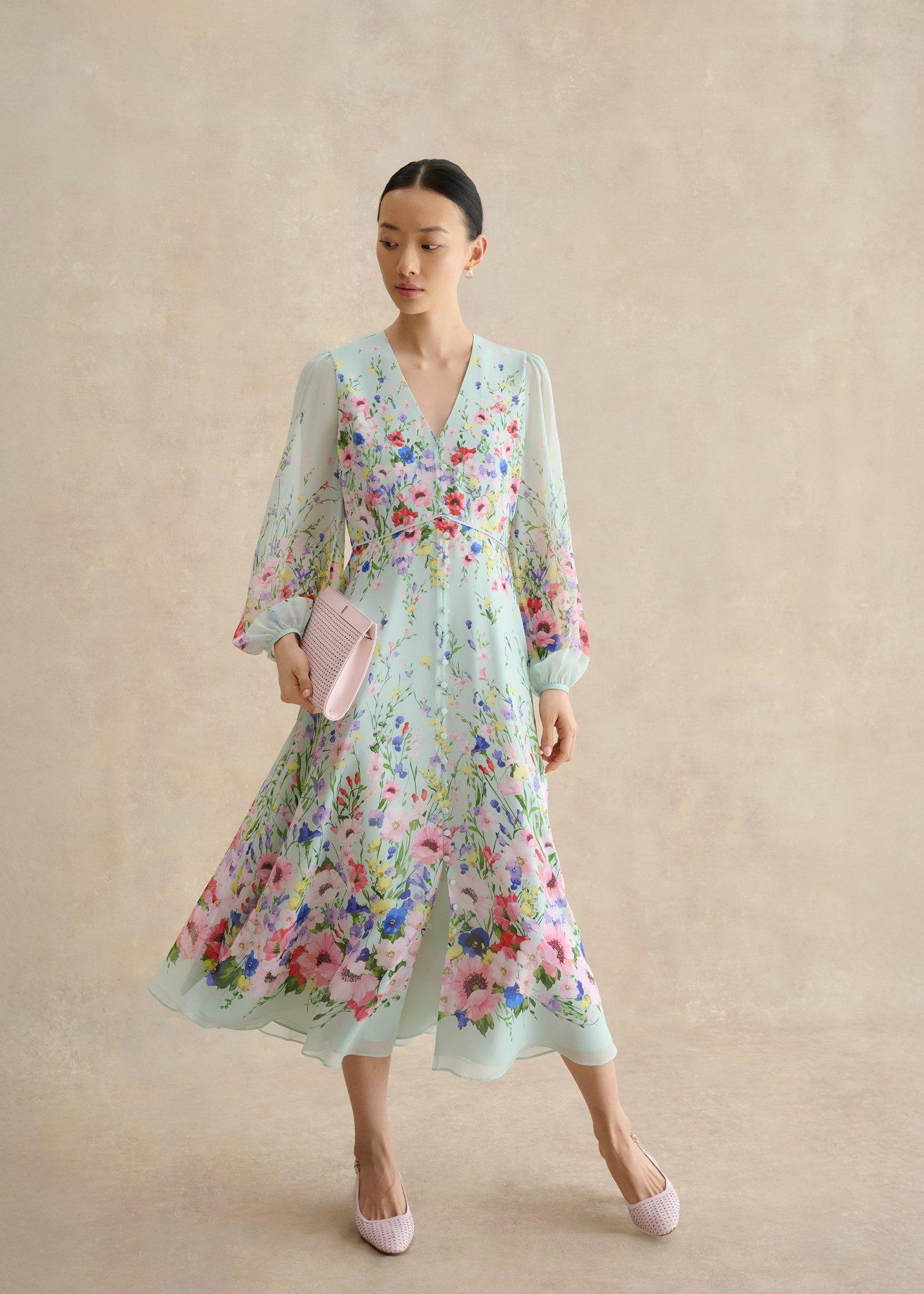 Petite Monica Silk Floral Dress, Green Multi, hi-res