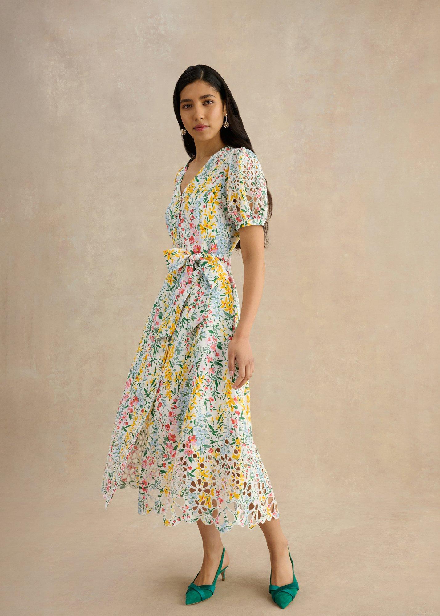 Petite Christie Floral Broderie Dress, White Multi, hi-res