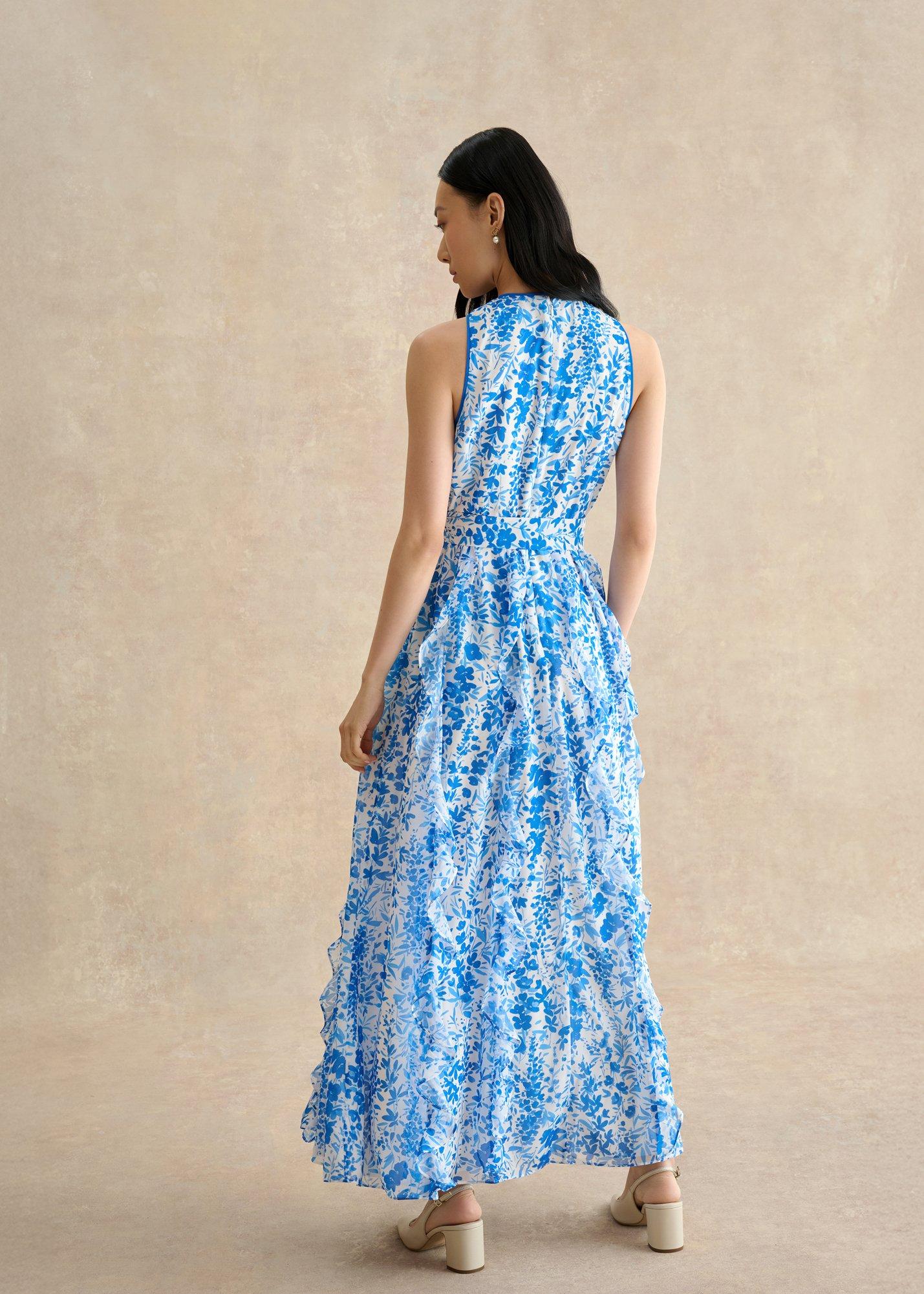 Taryn Ruffle Maxi Dress, Ivory Blue, hi-res