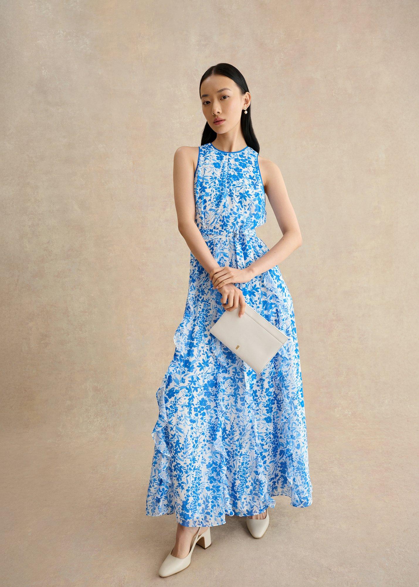 Taryn Ruffle Maxi Dress, Ivory Blue, hi-res