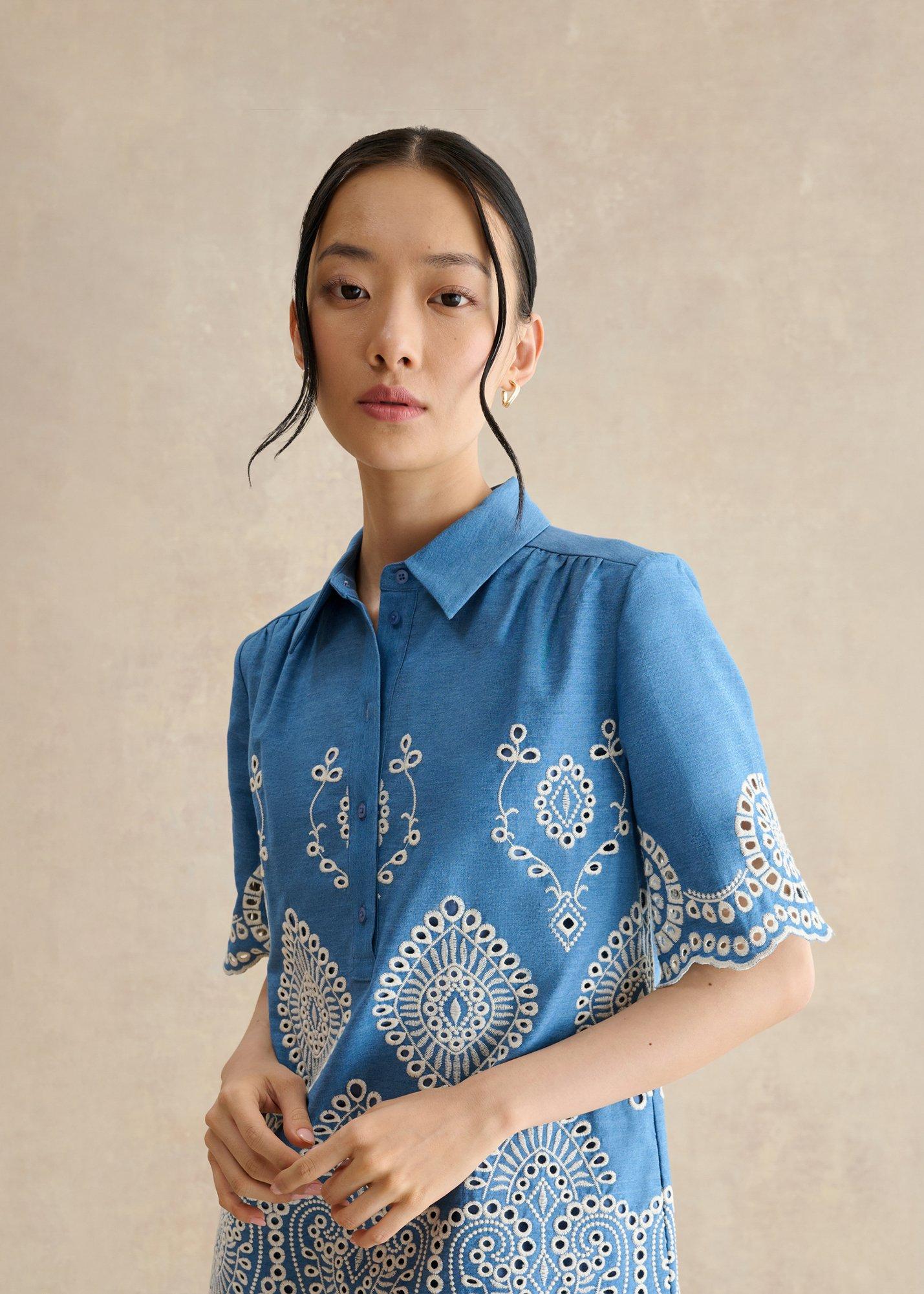 Daria Contrast Broderie Dress, Blue Ivory, hi-res