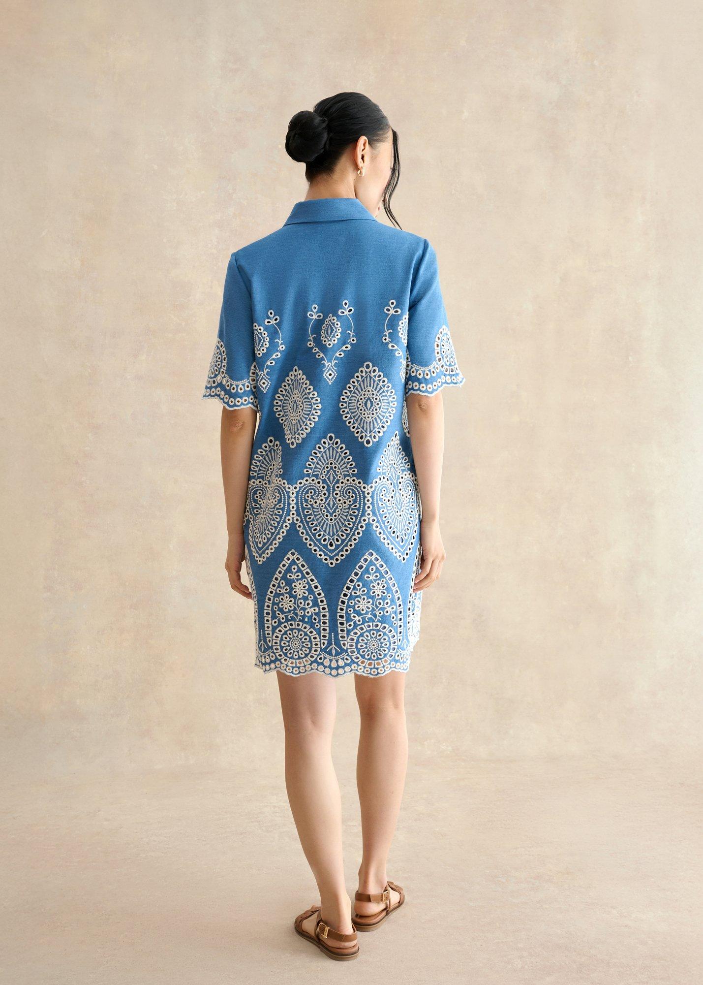 Daria Contrast Broderie Dress, Blue Ivory, hi-res