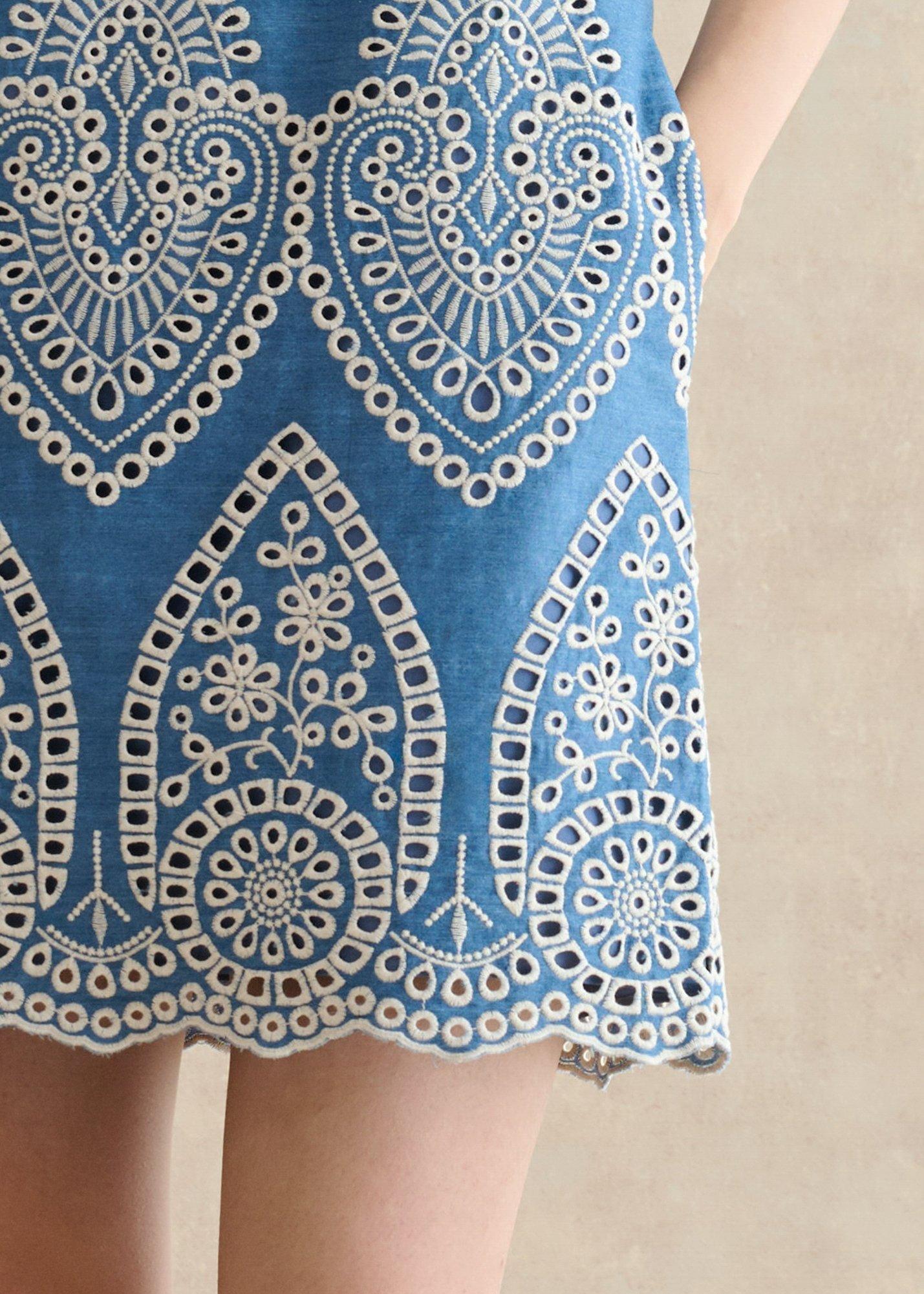 Daria Contrast Broderie Dress, Blue Ivory, hi-res
