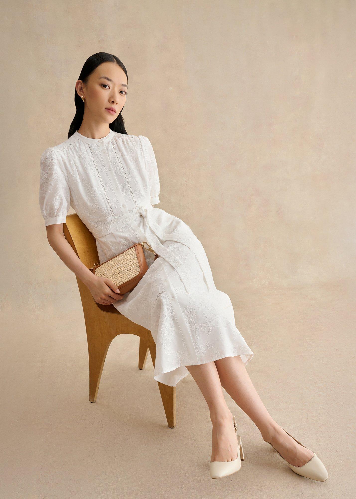 Petite Amani Cotton Embroidery Dress, White, hi-res