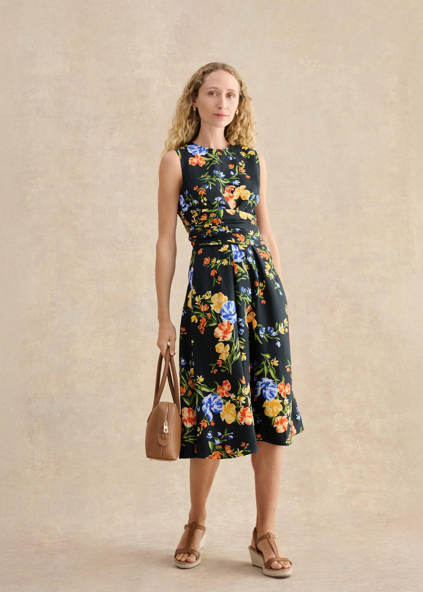 Twitchill Linen Midi Dress, Navy Multi, hi-res