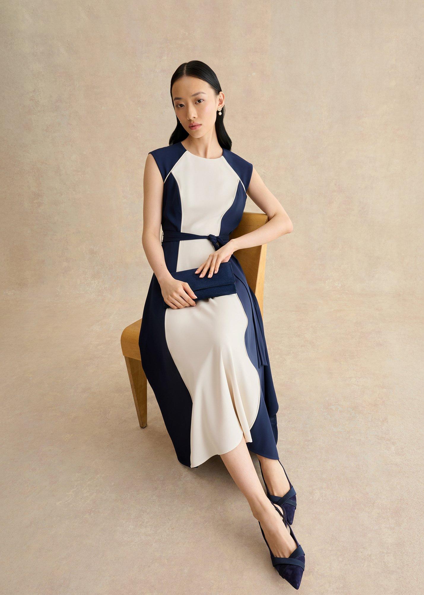 Andrea Colourblock Dress, Navy Cream, hi-res