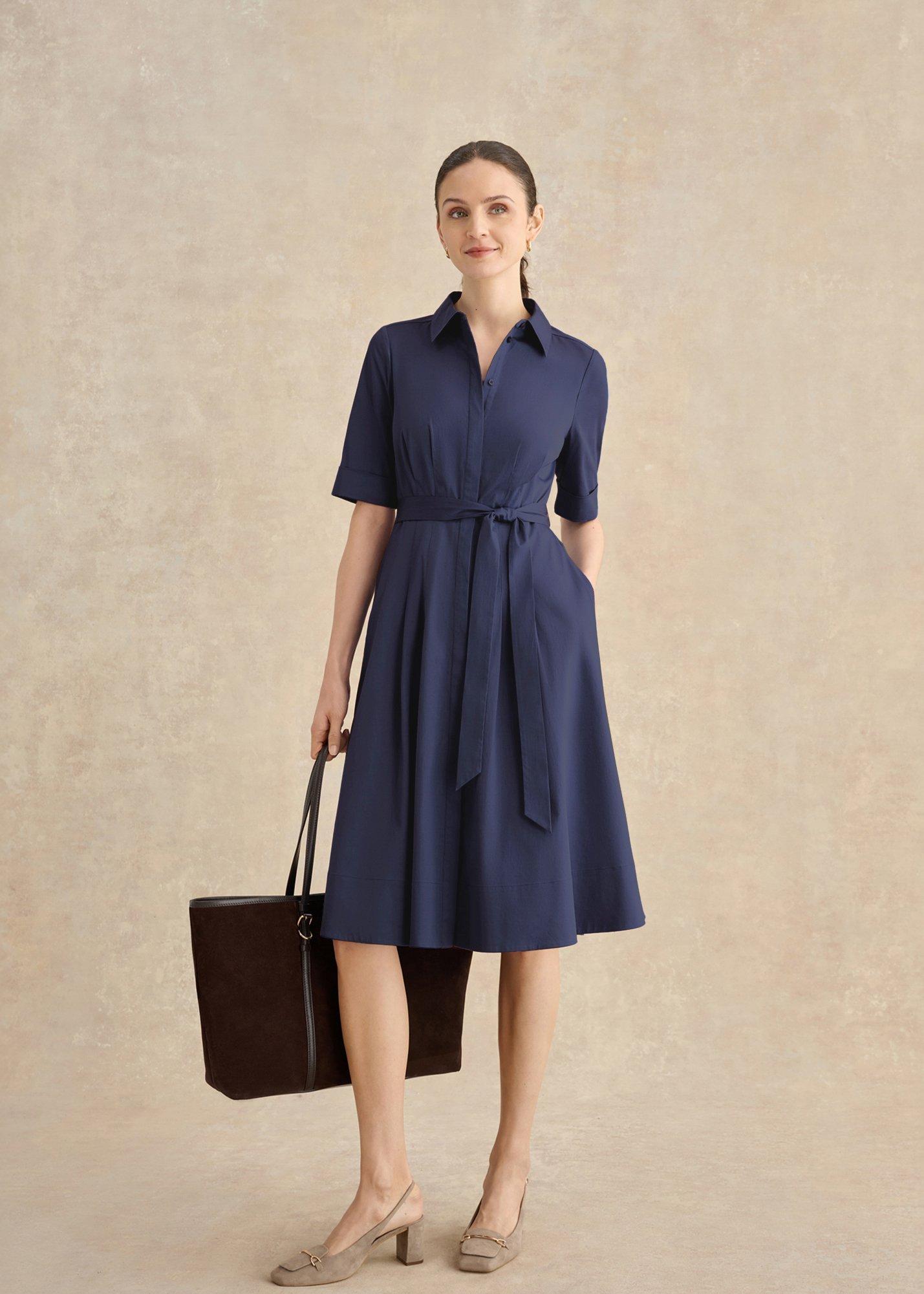 Petite Brigitta Cotton Sateen Dress, Midnight Navy, hi-res