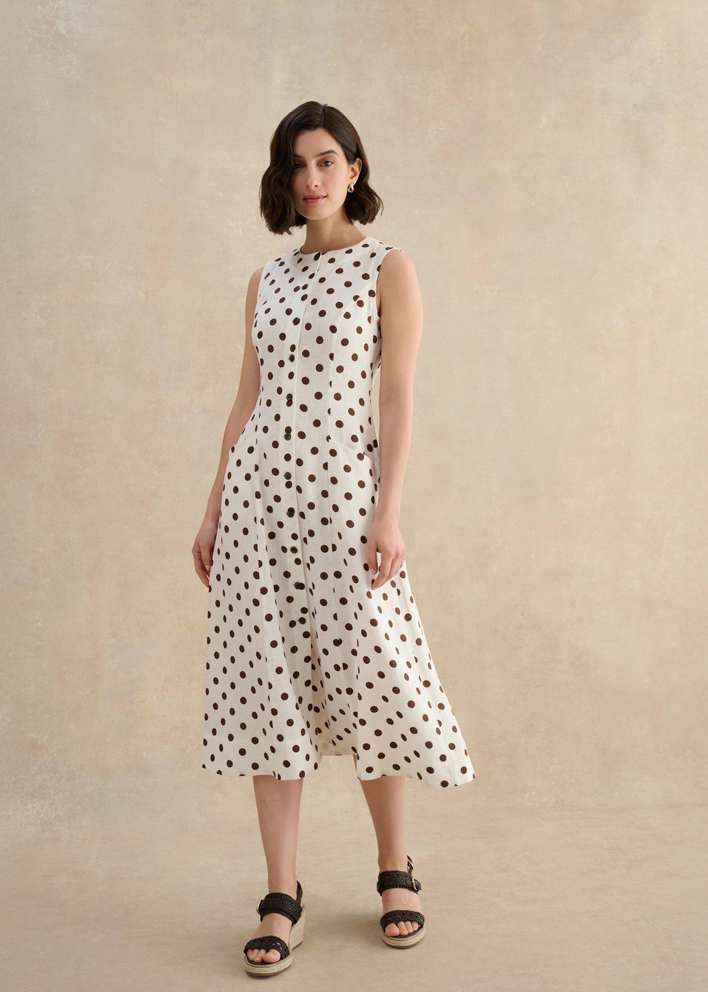 Carmen Linen Dress, Ivory Brown, hi-res