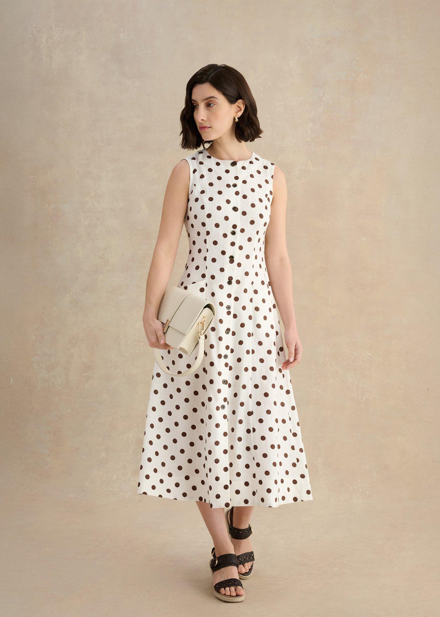 Carmen Linen Dress, Ivory Brown, hi-res