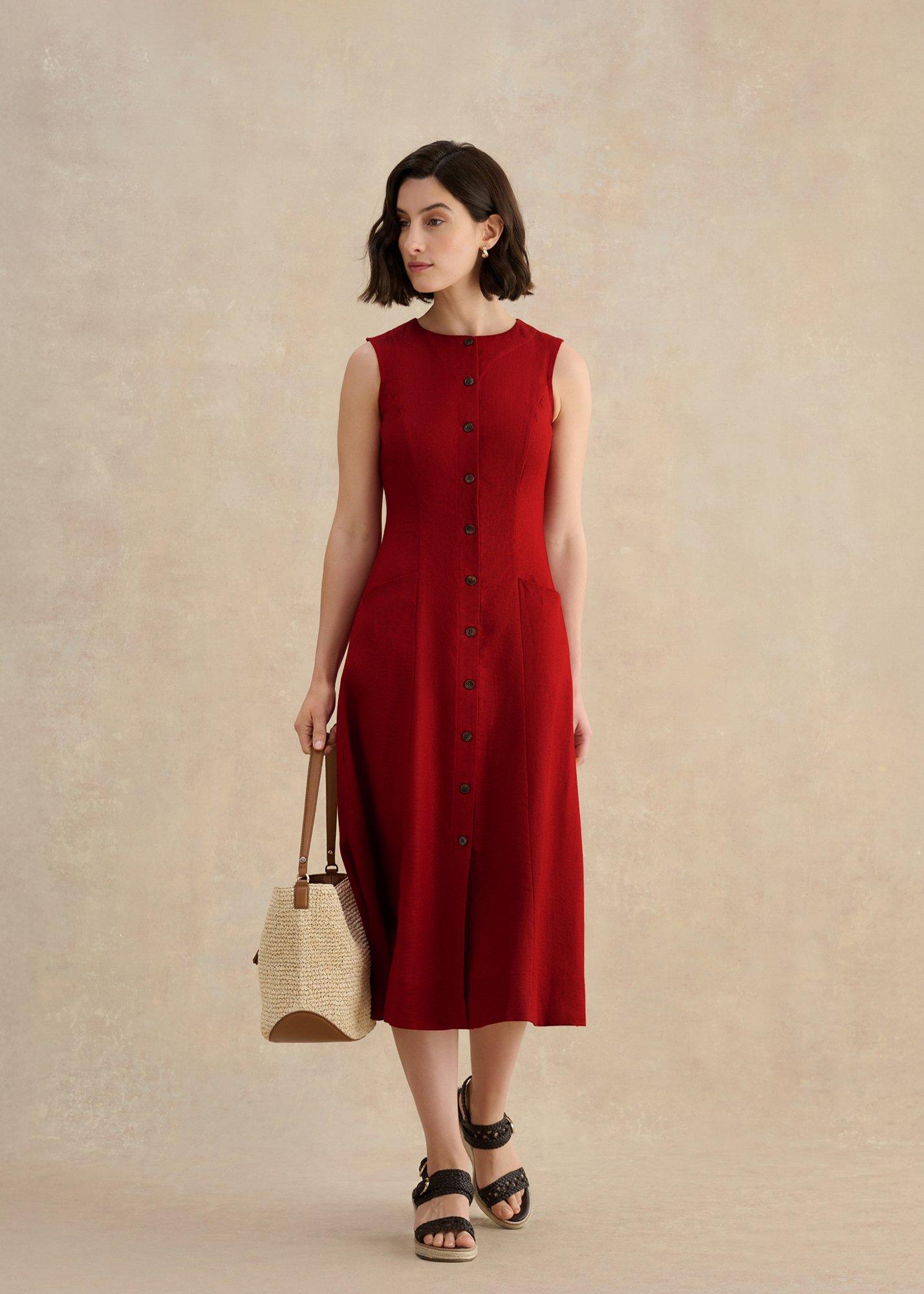 Carmen Linen Dress, Rustic Red, hi-res