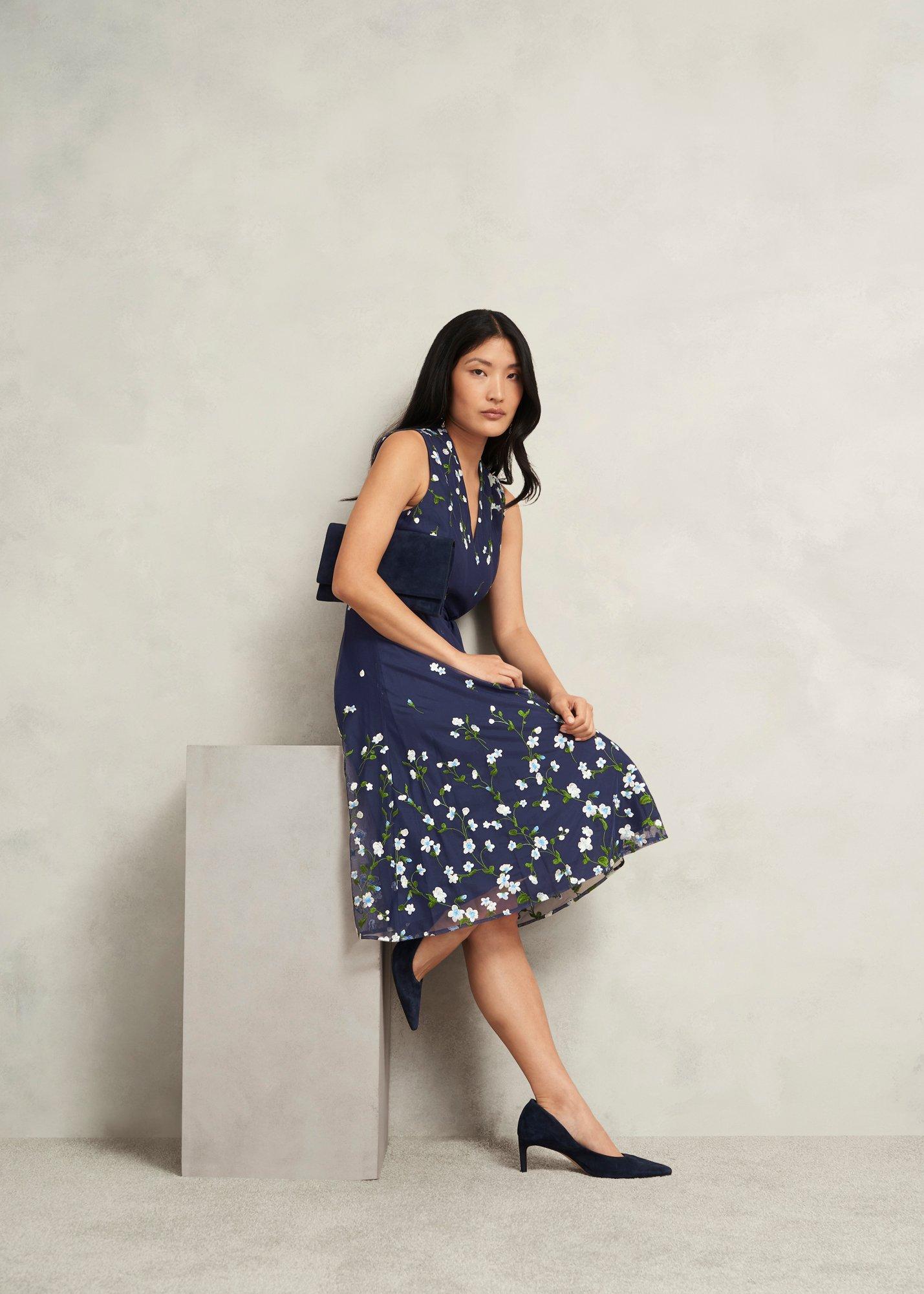 Aria Floral Embroidered Dress, Midnight Blue, hi-res