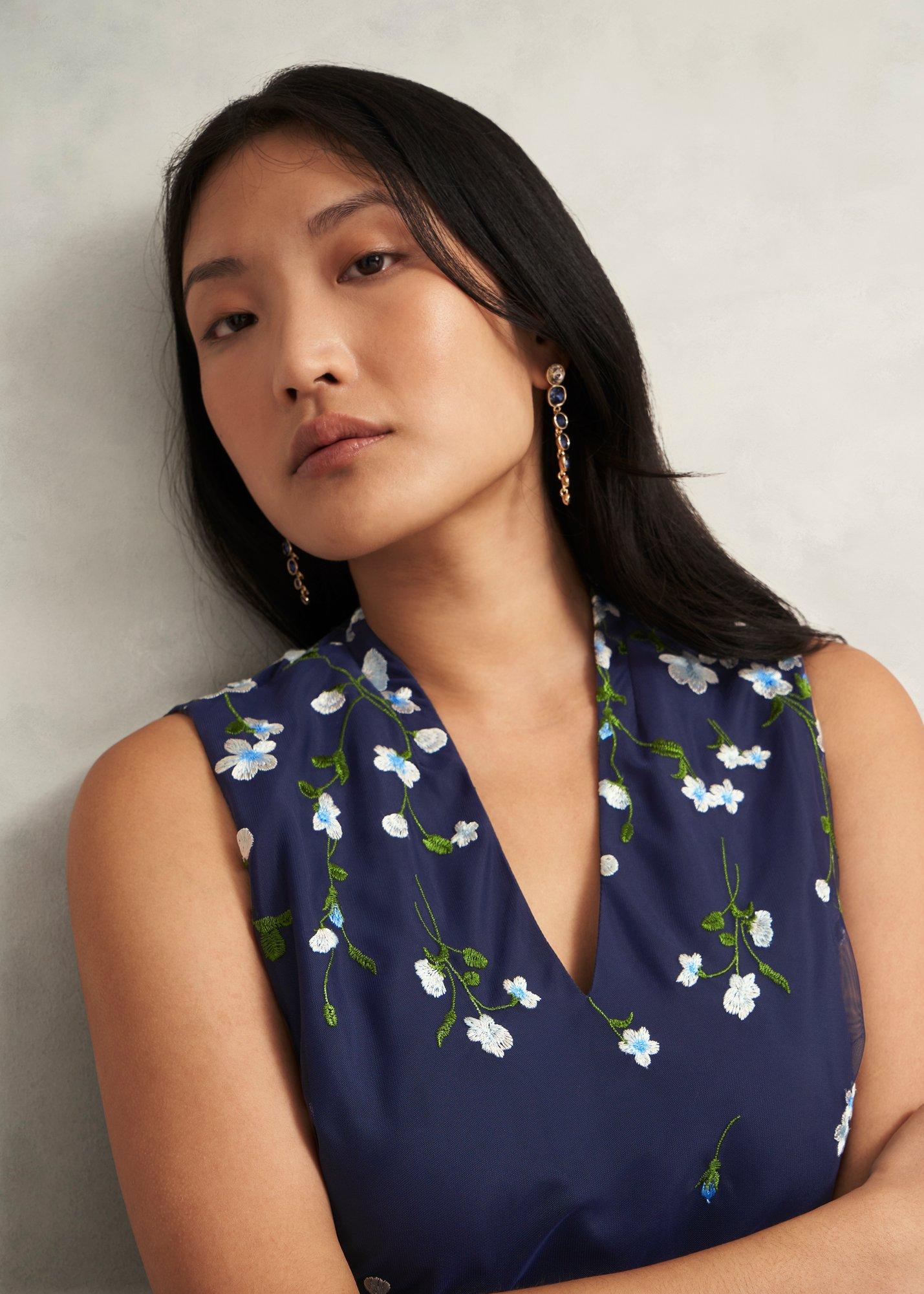 Petite Aria Floral Embroidered Dress, Midnight Blue, hi-res