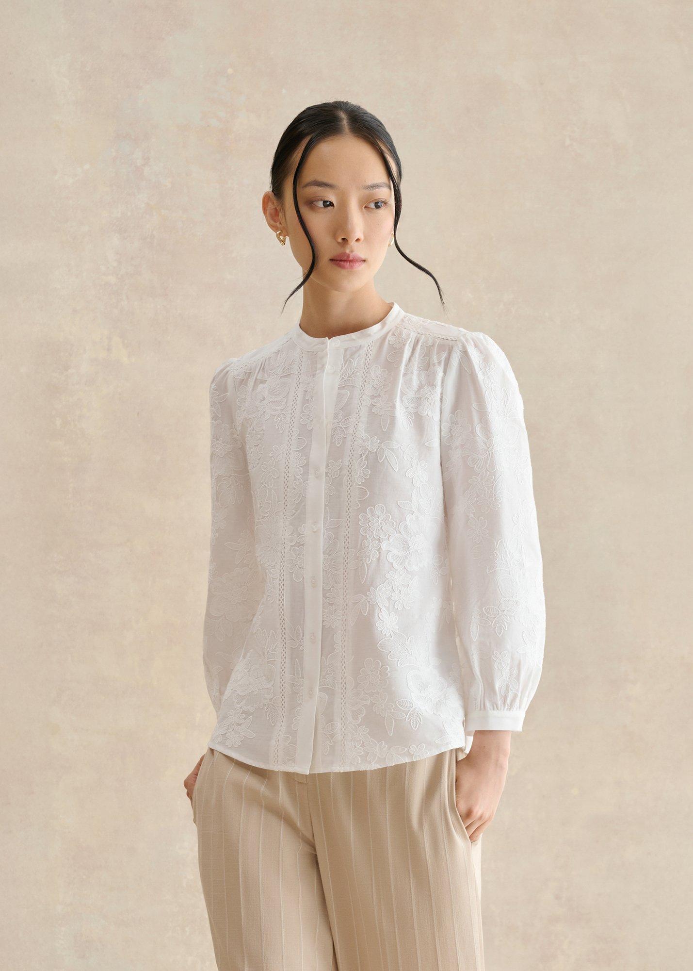 Fallon Cotton Embroidery Blouse, White, hi-res