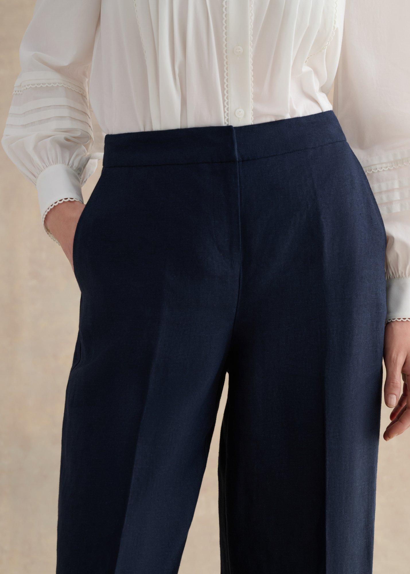 Petite Alessia Linen Wide Trousers, Navy, hi-res