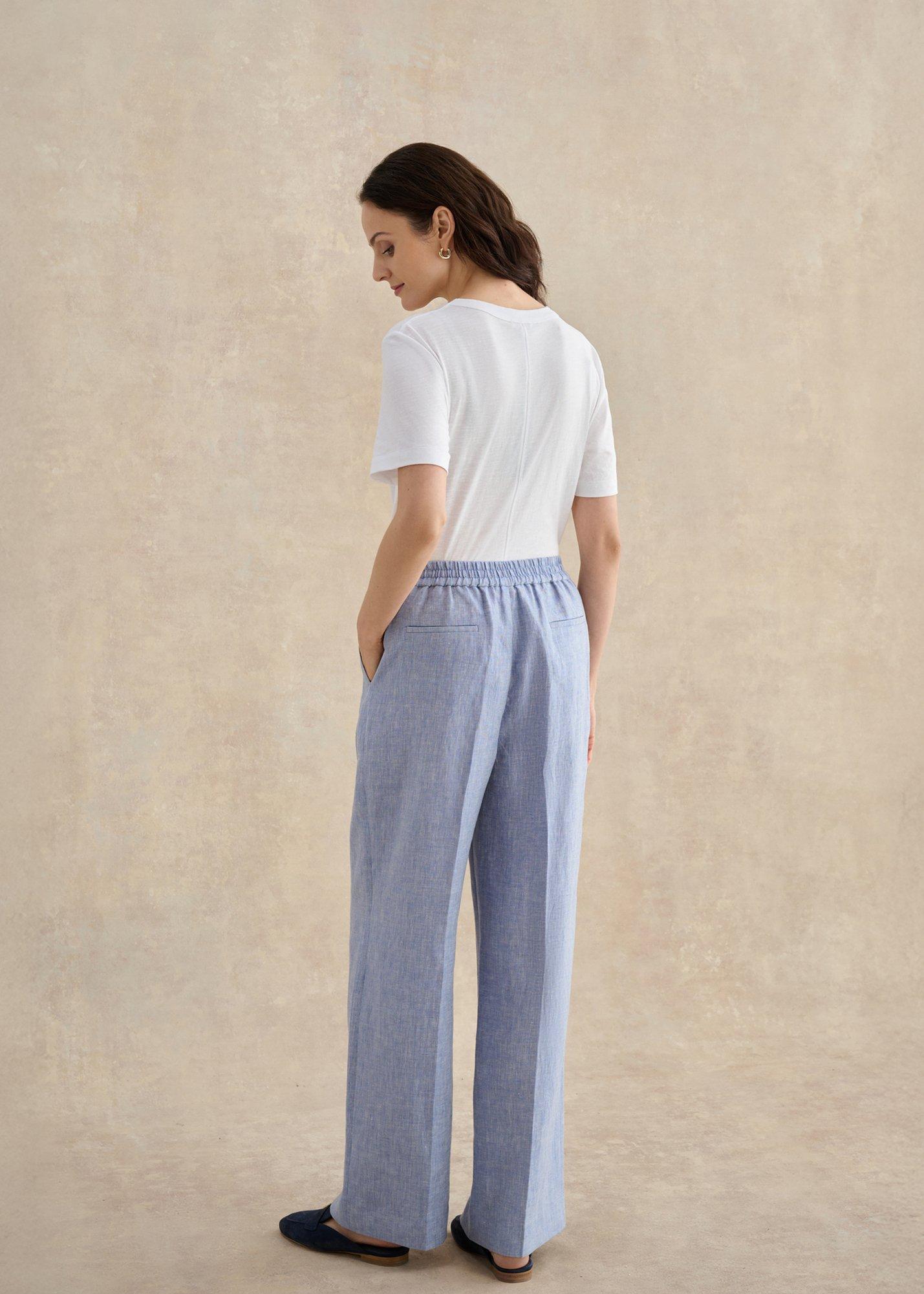Petite Estella Linen Trousers, Blue White, hi-res