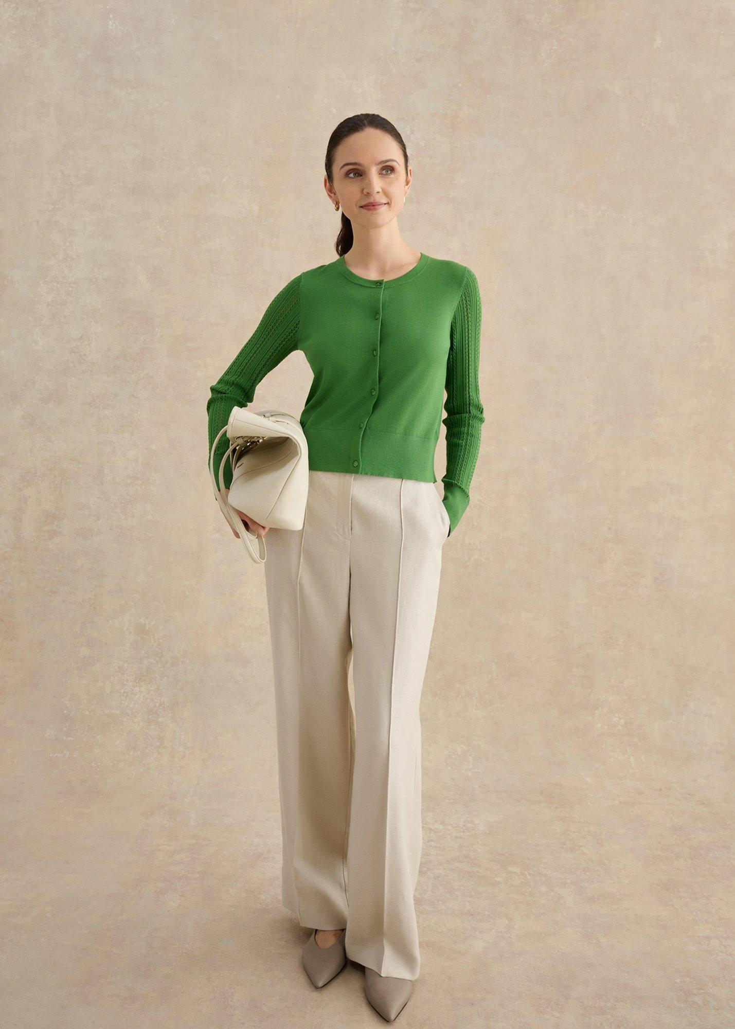 Dianna Pointelle Sleeve Cardigan, Emerald Green, hi-res