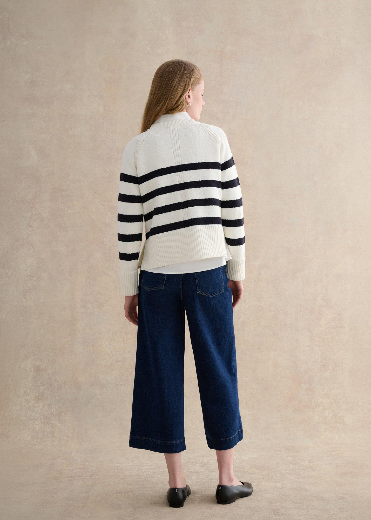 Georgie Striped Cotton Sweater, Ivory Navy, hi-res