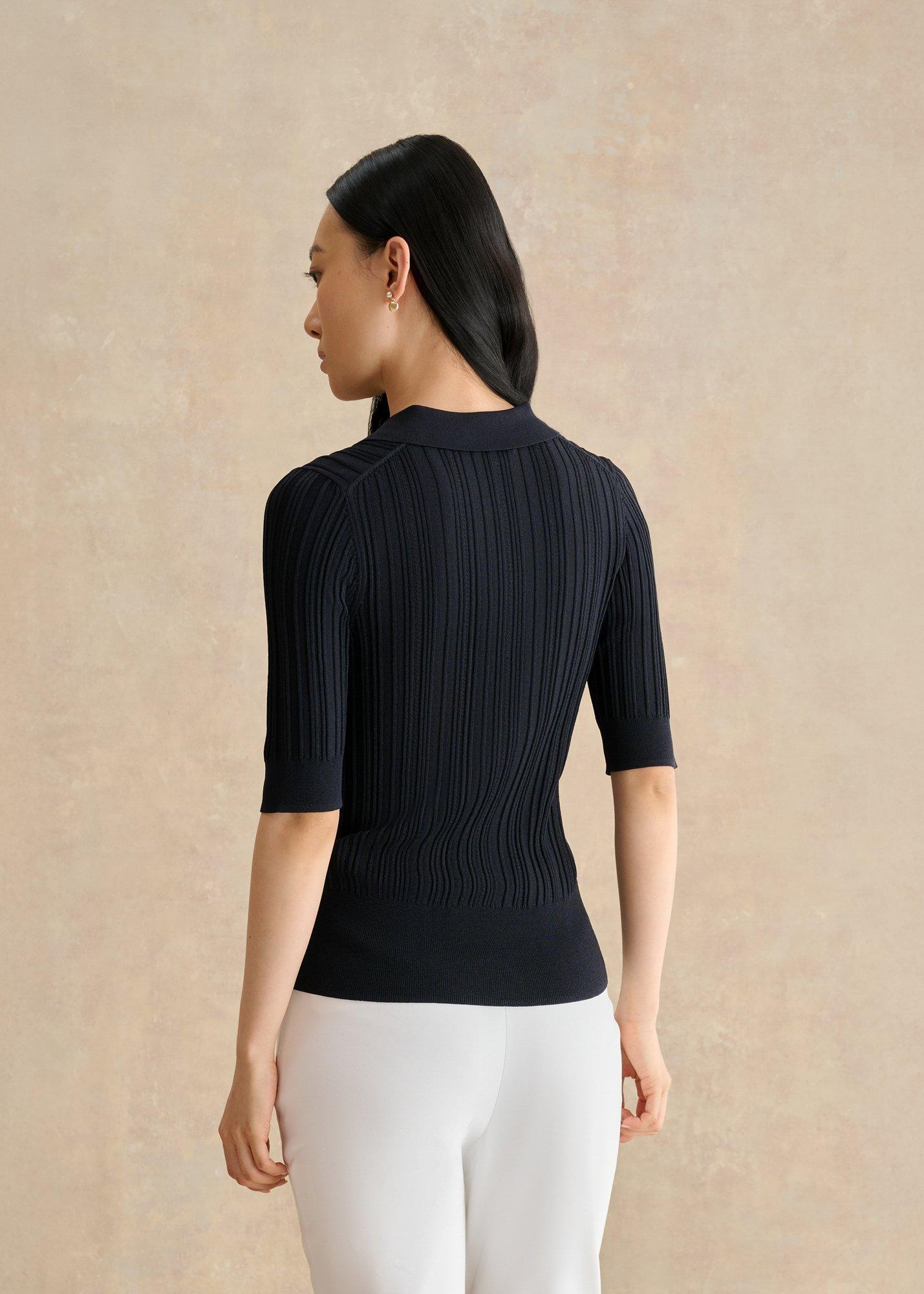 Blair Pointelle Knitted Polo Top, Hobbs Navy, hi-res